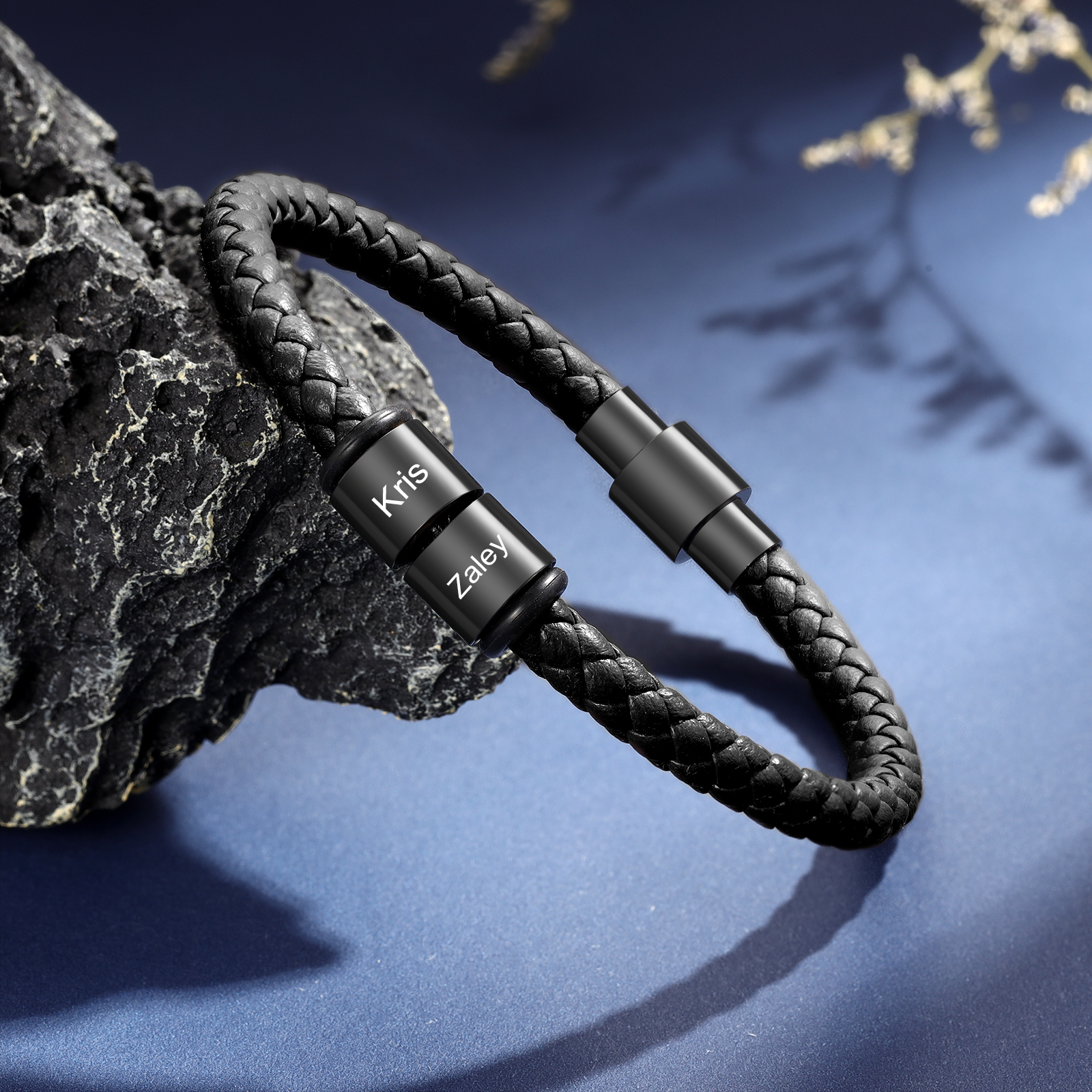 Braccialetto in pelle intrecciata 2 perline di nome regalo per uomo