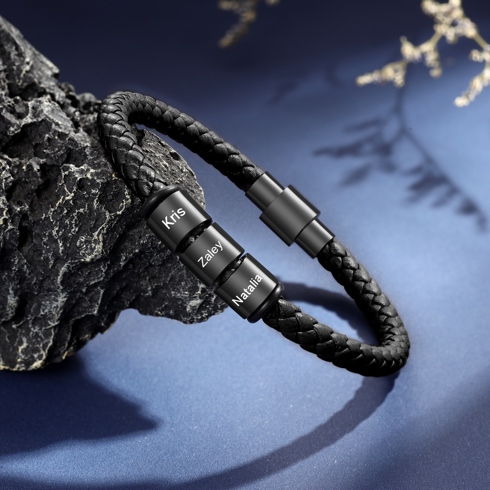 Braccialetto in pelle intrecciata 3 perline di nome regalo per uomo
