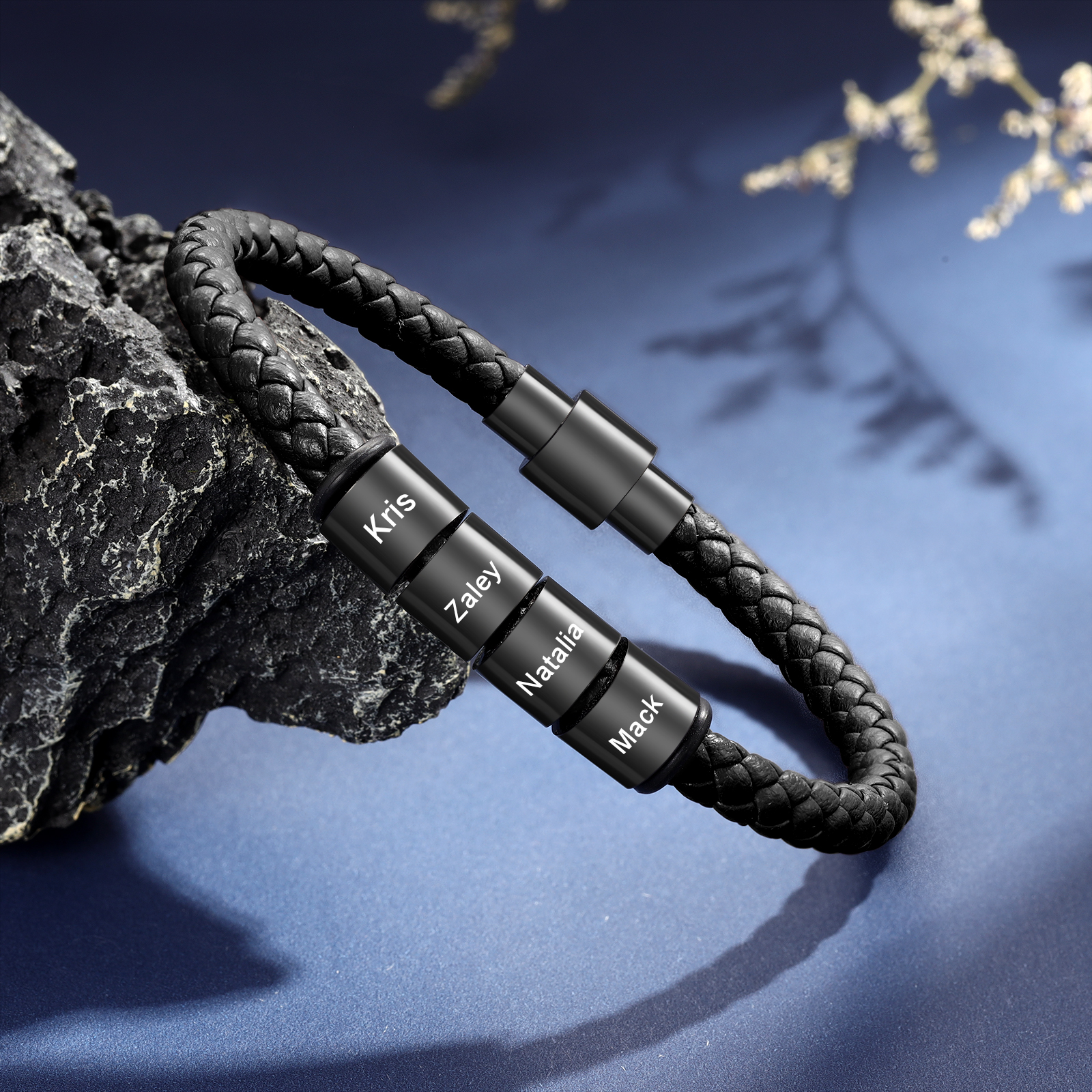 Braccialetto in pelle intrecciata 4 perline di nome regalo per uomo
