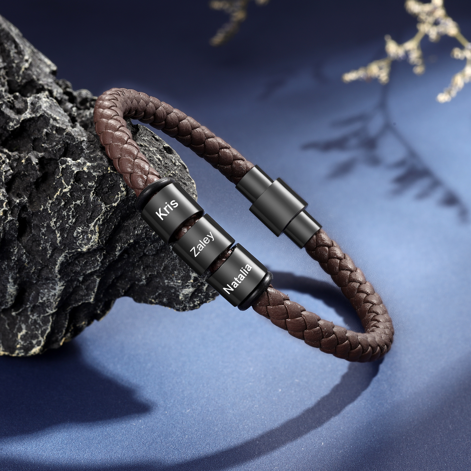 Braccialetto in pelle intrecciata 3 perline di nome regalo per uomo