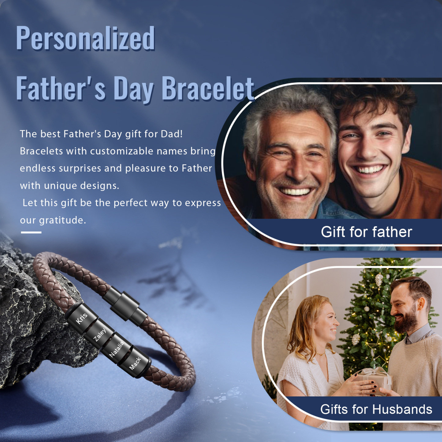 Braccialetto in pelle intrecciata 4 perline di nome regalo per uomo