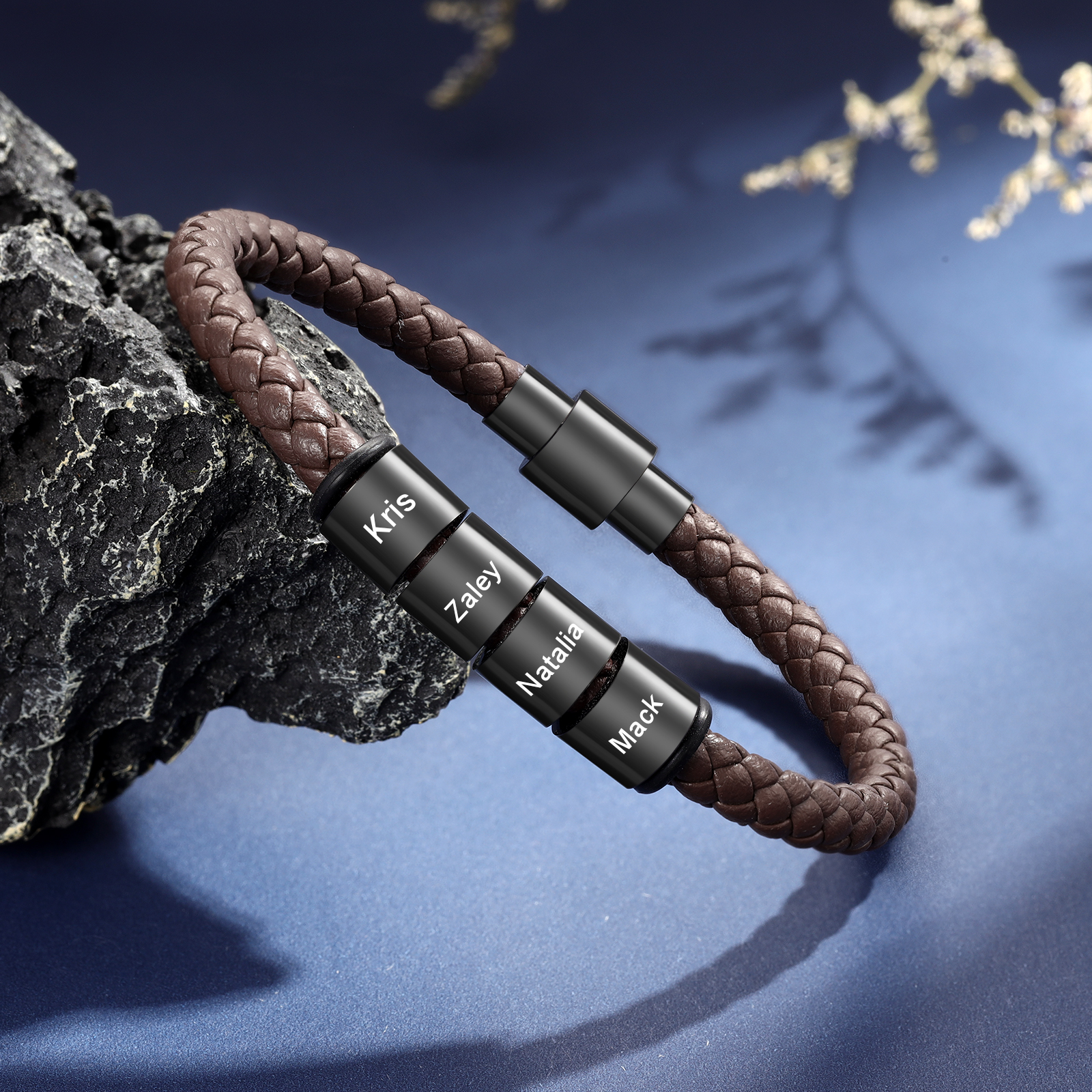 Braccialetto in pelle intrecciata 4 perline di nome regalo per uomo