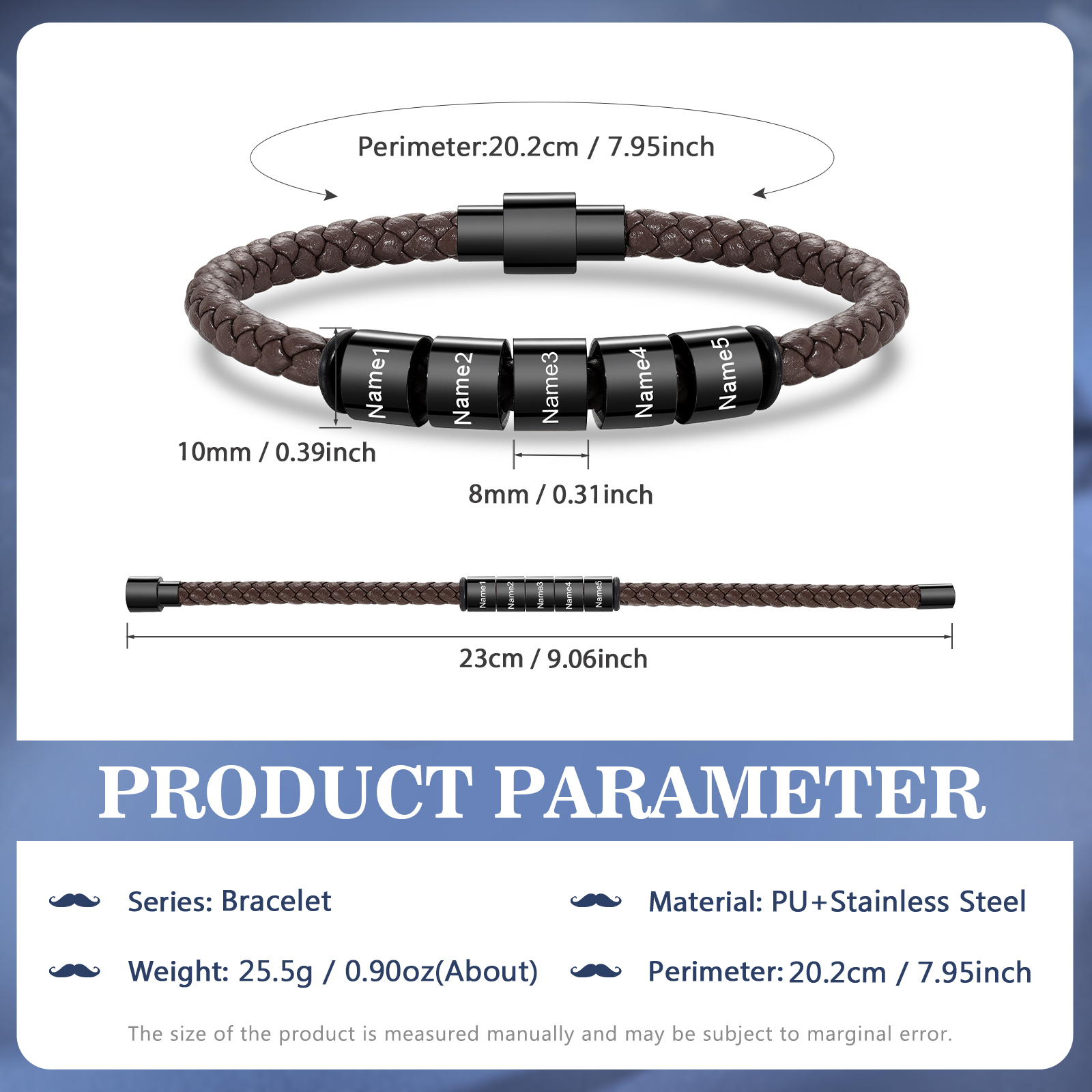 Braccialetto in pelle intrecciata 5 perline di nome regalo per uomo