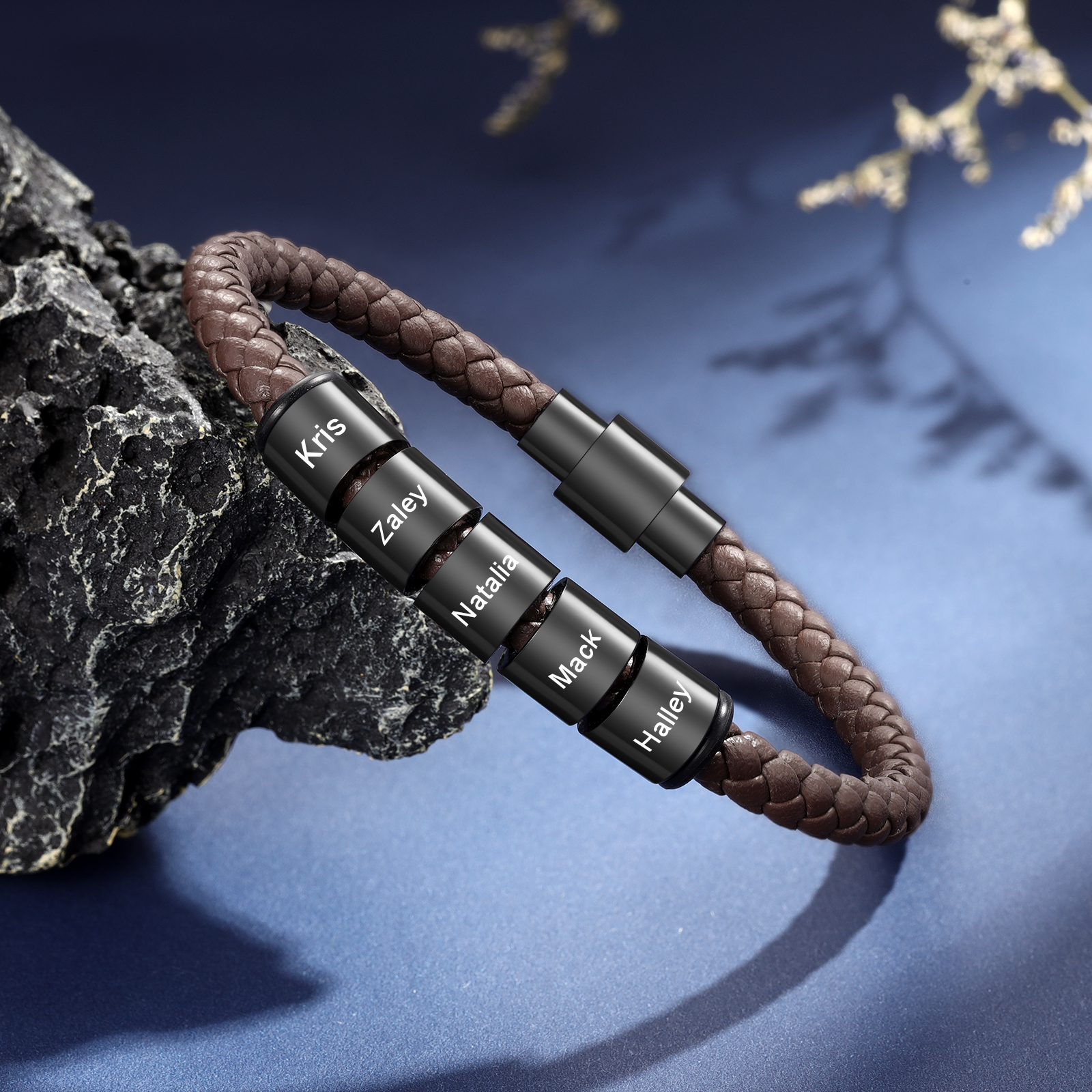 Braccialetto in pelle intrecciata 5 perline di nome regalo per uomo