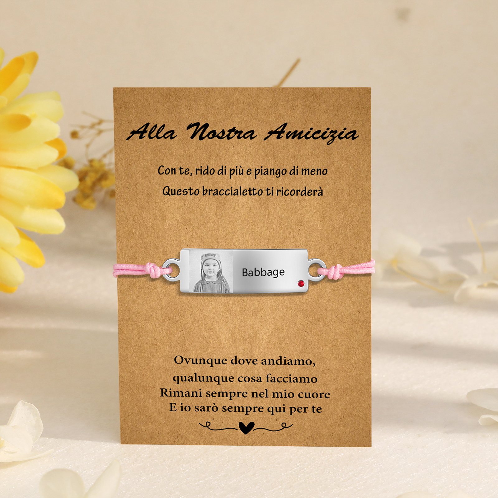 Alla nostra amicizia-2PCS Braccialetto regorabile personalizzato con 1 nome e 1 foto e 1 pietra di nascita 