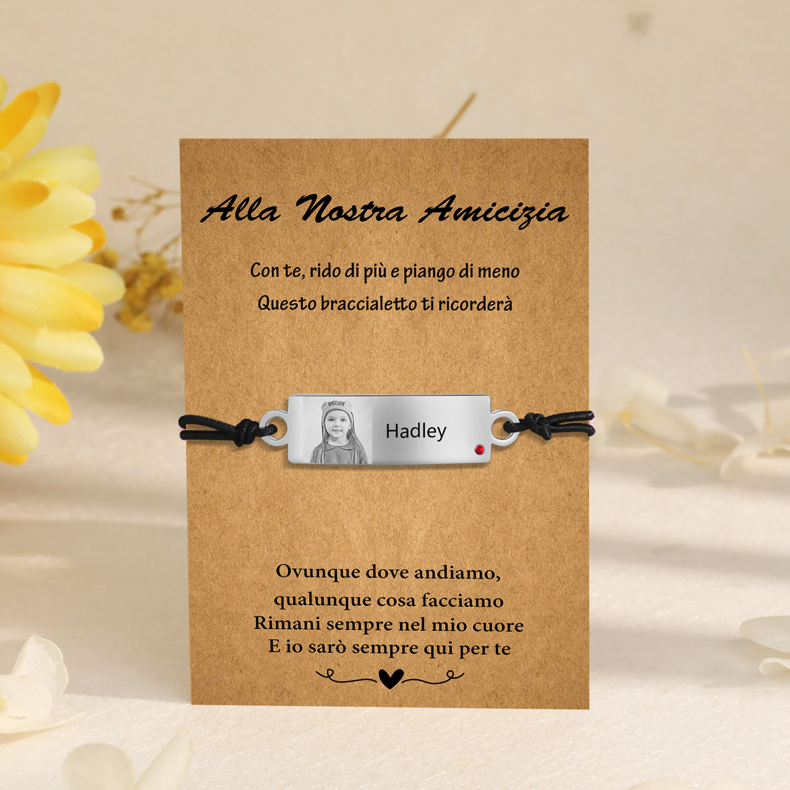 Alla nostra amicizia-2PCS Braccialetto regorabile personalizzato con 1 nome e 1 foto e 1 pietra di nascita 