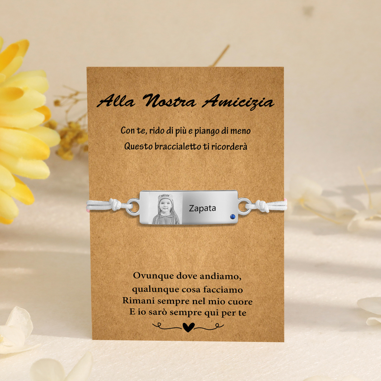 Alla nostra amicizia-2PCS Braccialetto regorabile personalizzato con 1 nome e 1 foto e 1 pietra di nascita 