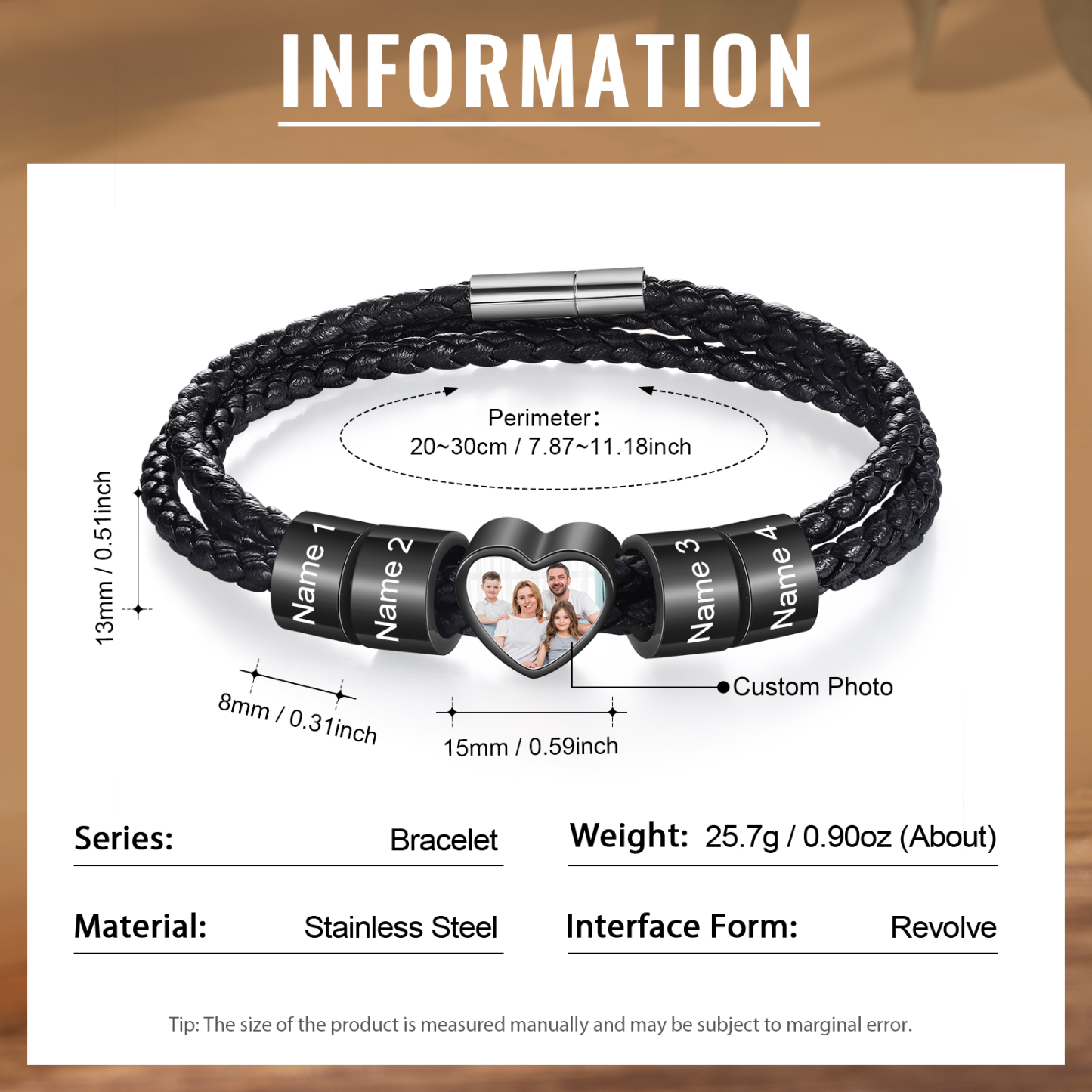 Personalized Men's Leather Bracelet Custom 1 Photo & 2–6 Names Black Gift for Him