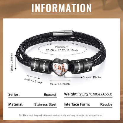Personalized Men's Leather Bracelet Custom 1 Photo & 2–6 Names Black Gift for Him