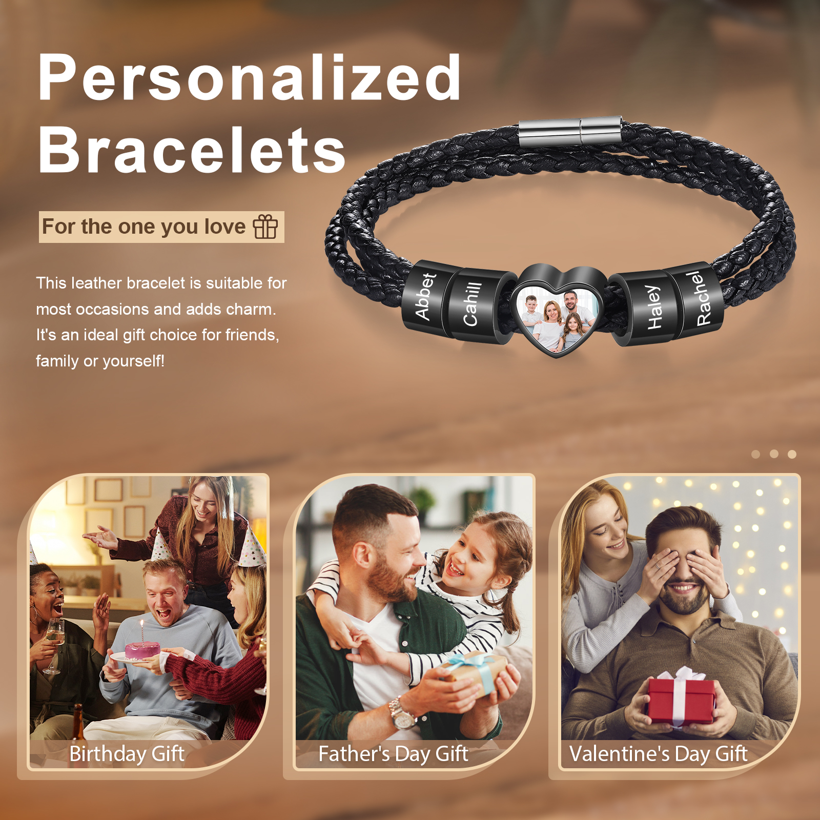Personalized Men's Leather Bracelet Custom 1 Photo & 2–6 Names Black Gift for Him