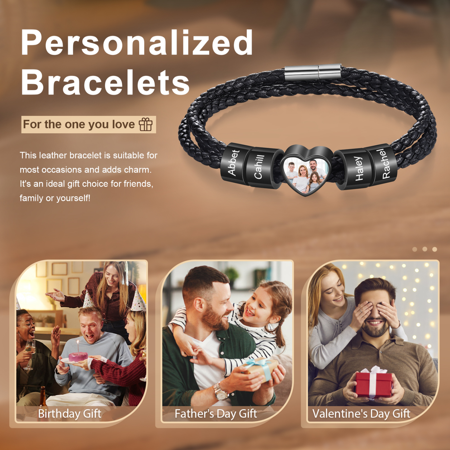 Personalized Men's Leather Bracelet Custom 1 Photo & 2–6 Names Black Gift for Him