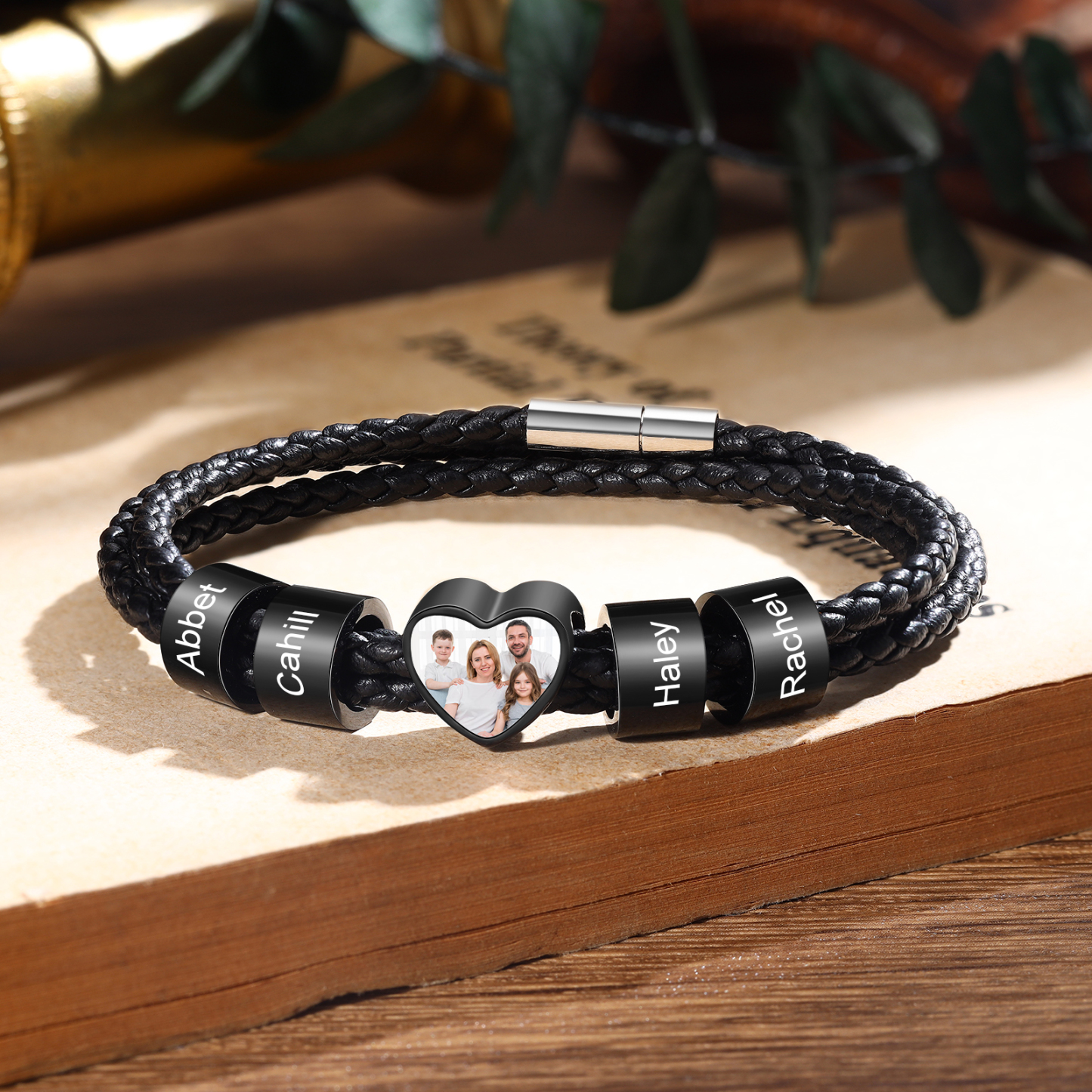 Personalized Men's Leather Bracelet Custom 1 Photo & 2–6 Names Black Gift for Him