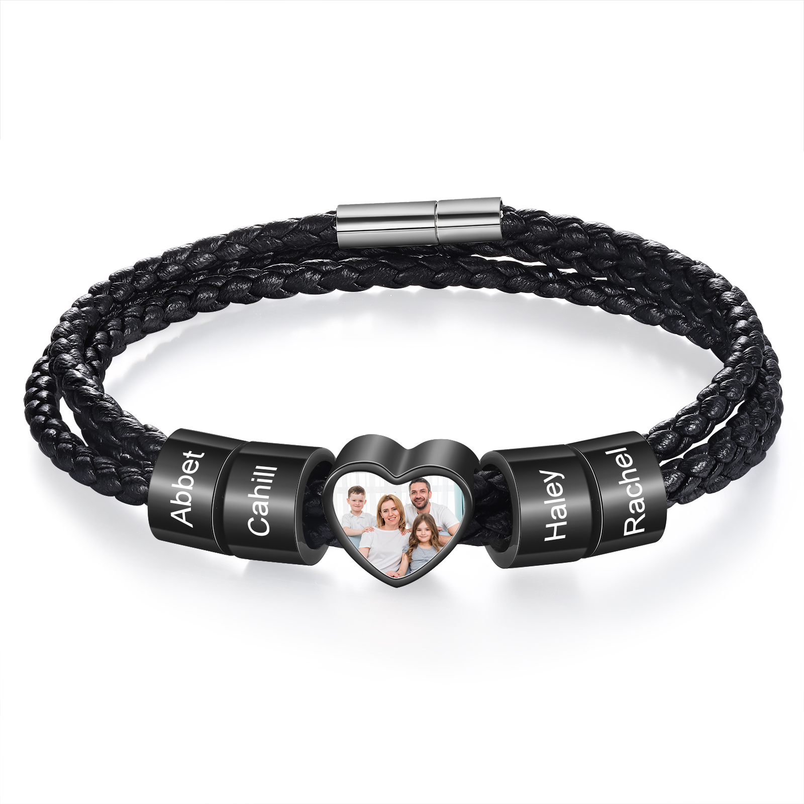 Personalized Men's Leather Bracelet Custom 1 Photo & 2–6 Names Black Gift for Him