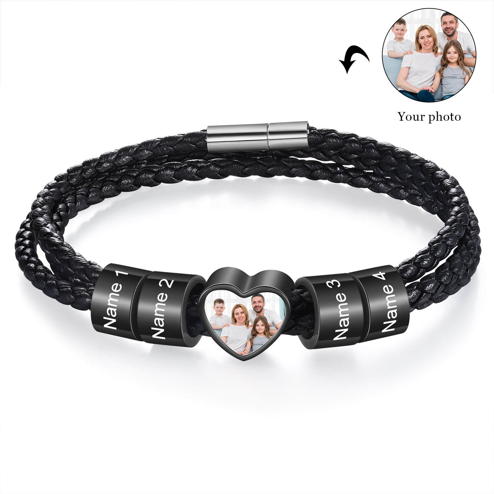 Personalized Men's Leather Bracelet Custom 1 Photo & 2–6 Names Black Gift for Him