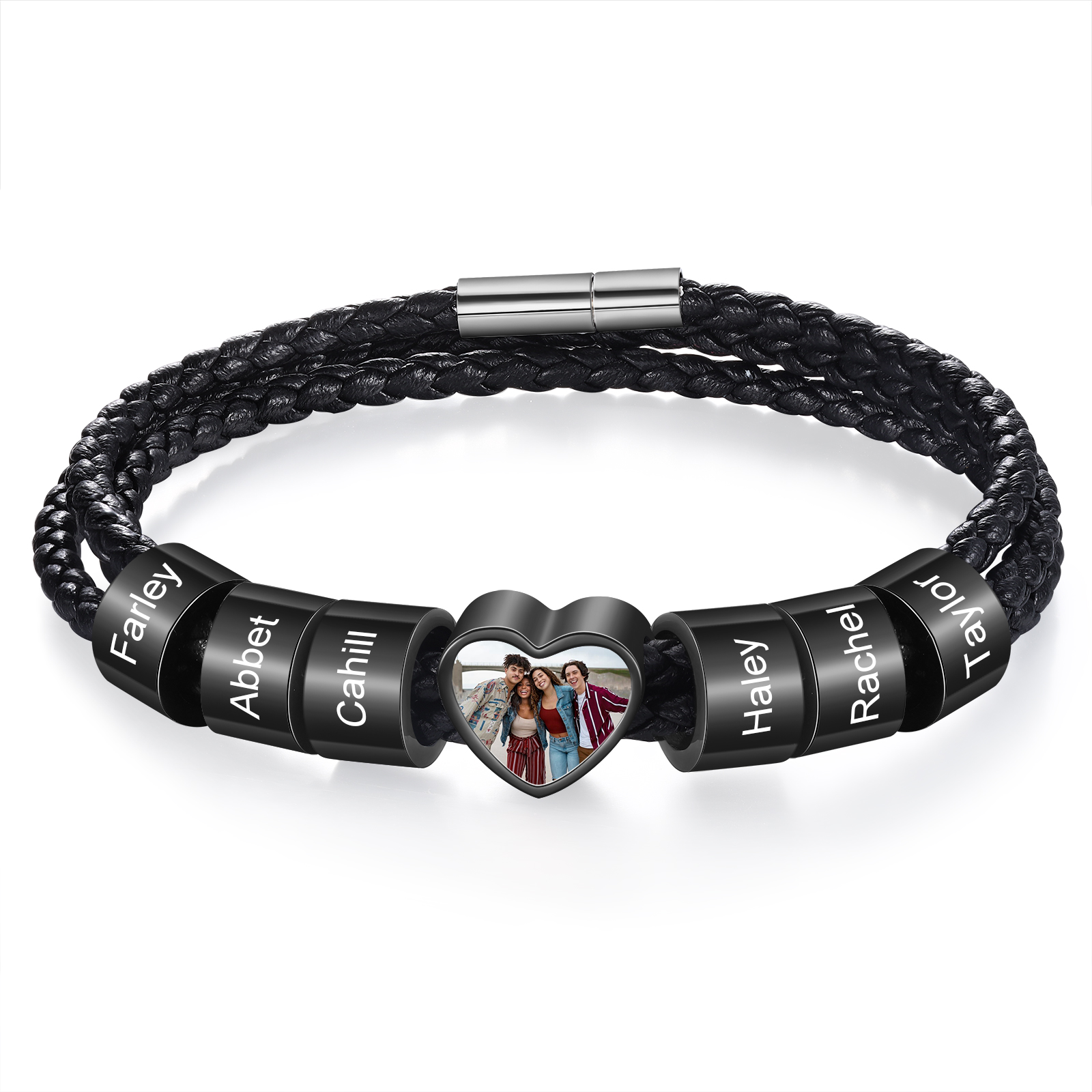 Personalized Men's Leather Bracelet Custom 1 Photo & 2–6 Names Black Gift for Him