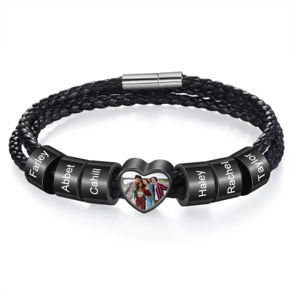Personalized Men's Leather Bracelet Custom 1 Photo & 2–6 Names Black Gift for Him