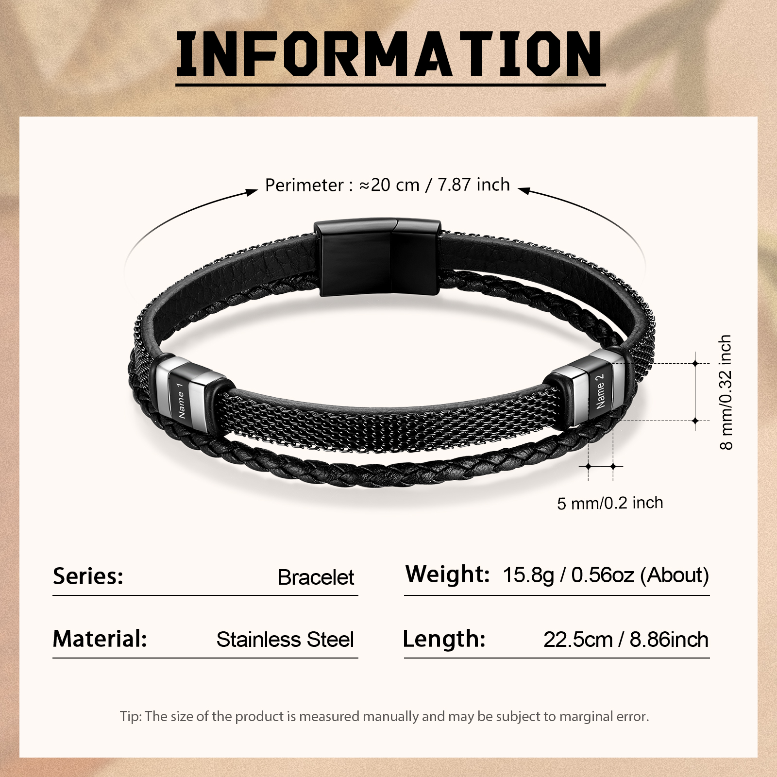 Braccialetto in pelle intrecciata personalizzato con 2 nomi Braccialetto maschile