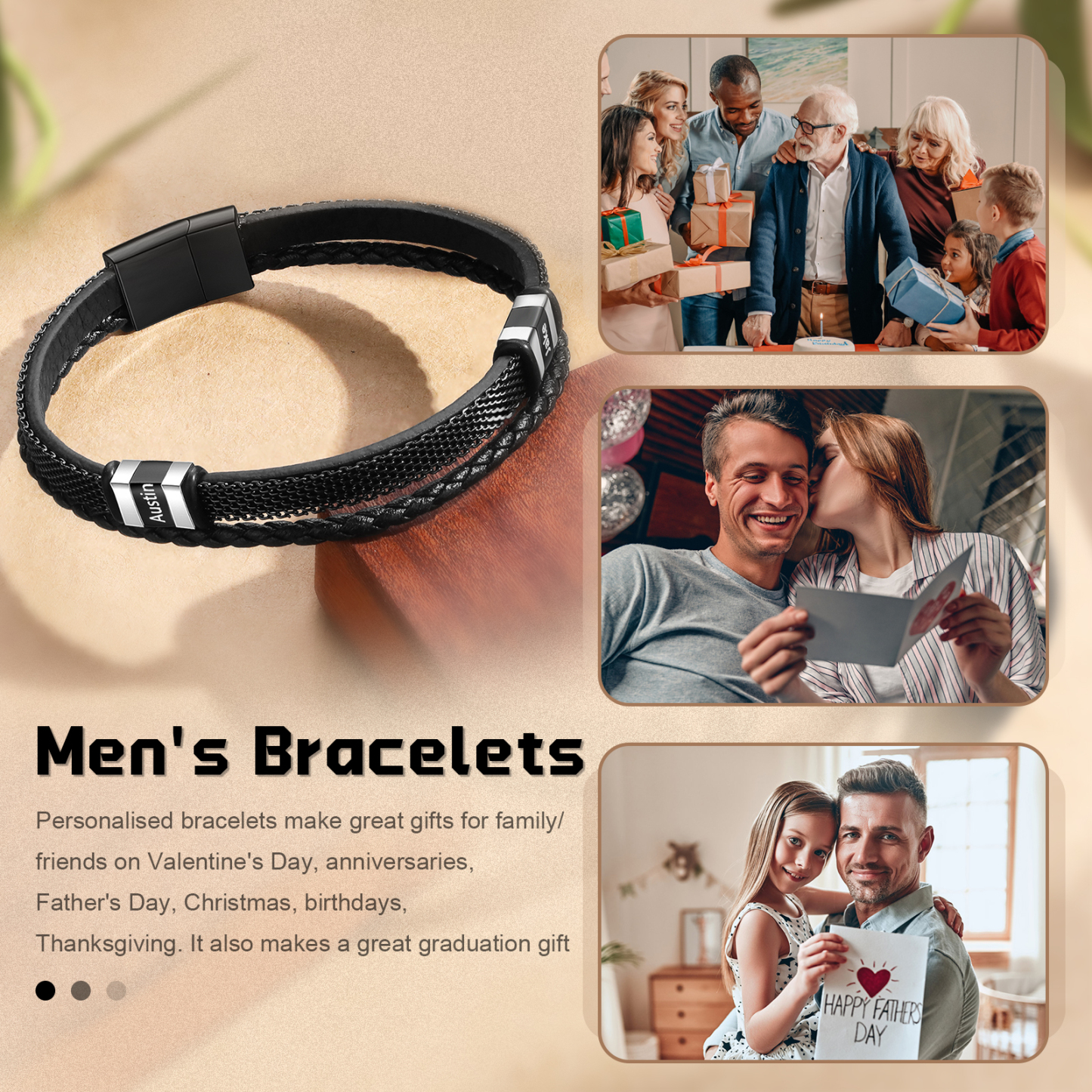 Braccialetto in pelle intrecciata personalizzato con 2 nomi Braccialetto maschile