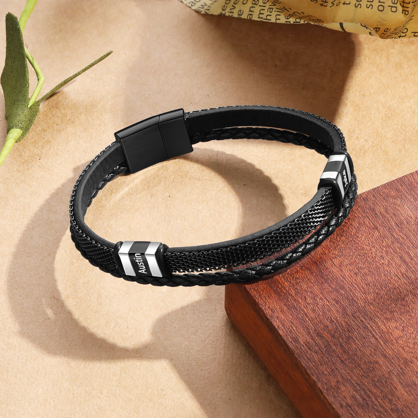 Braccialetto in pelle intrecciata personalizzato con 2 nomi Braccialetto maschile