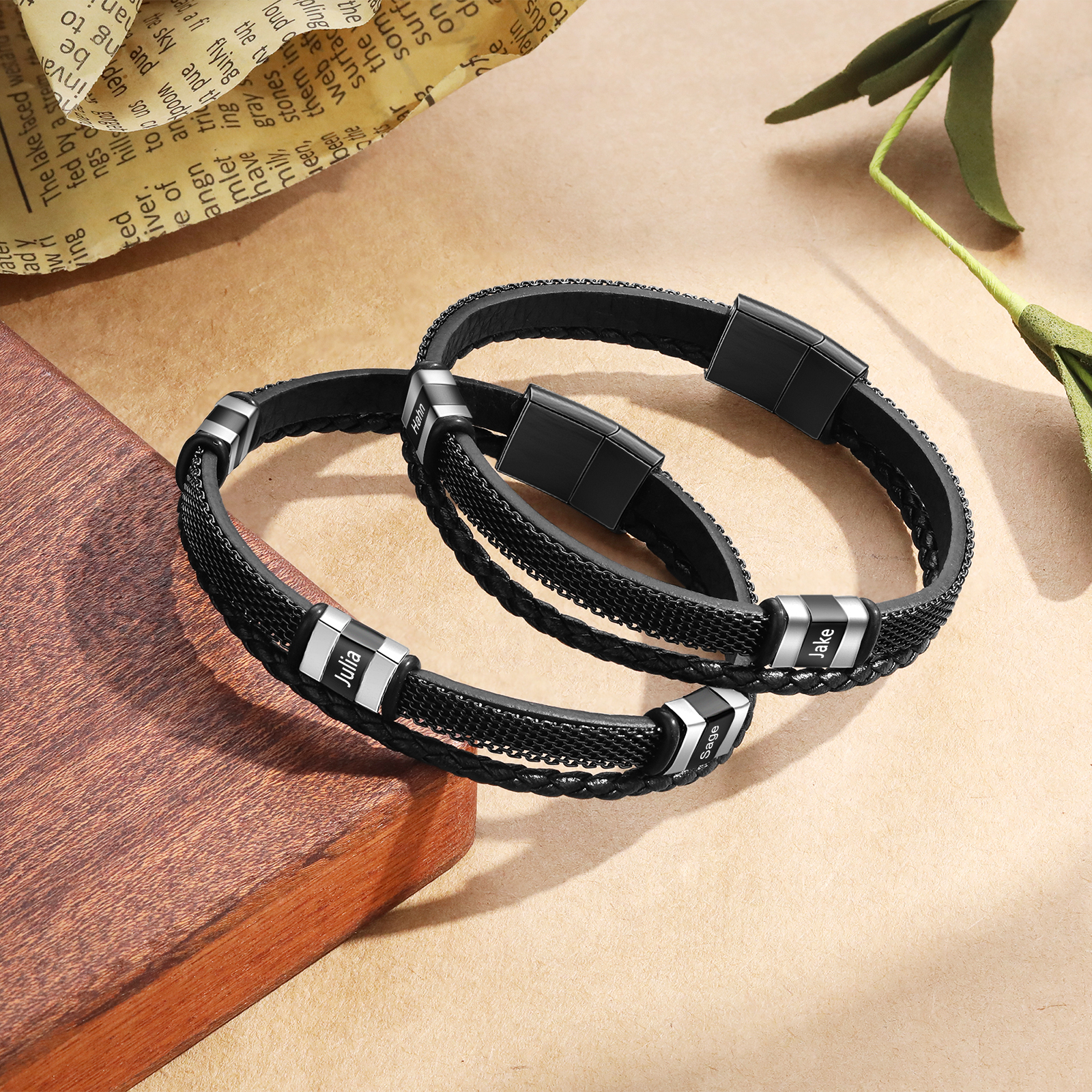 Braccialetto in pelle intrecciata personalizzato con 2 nomi Braccialetto maschile