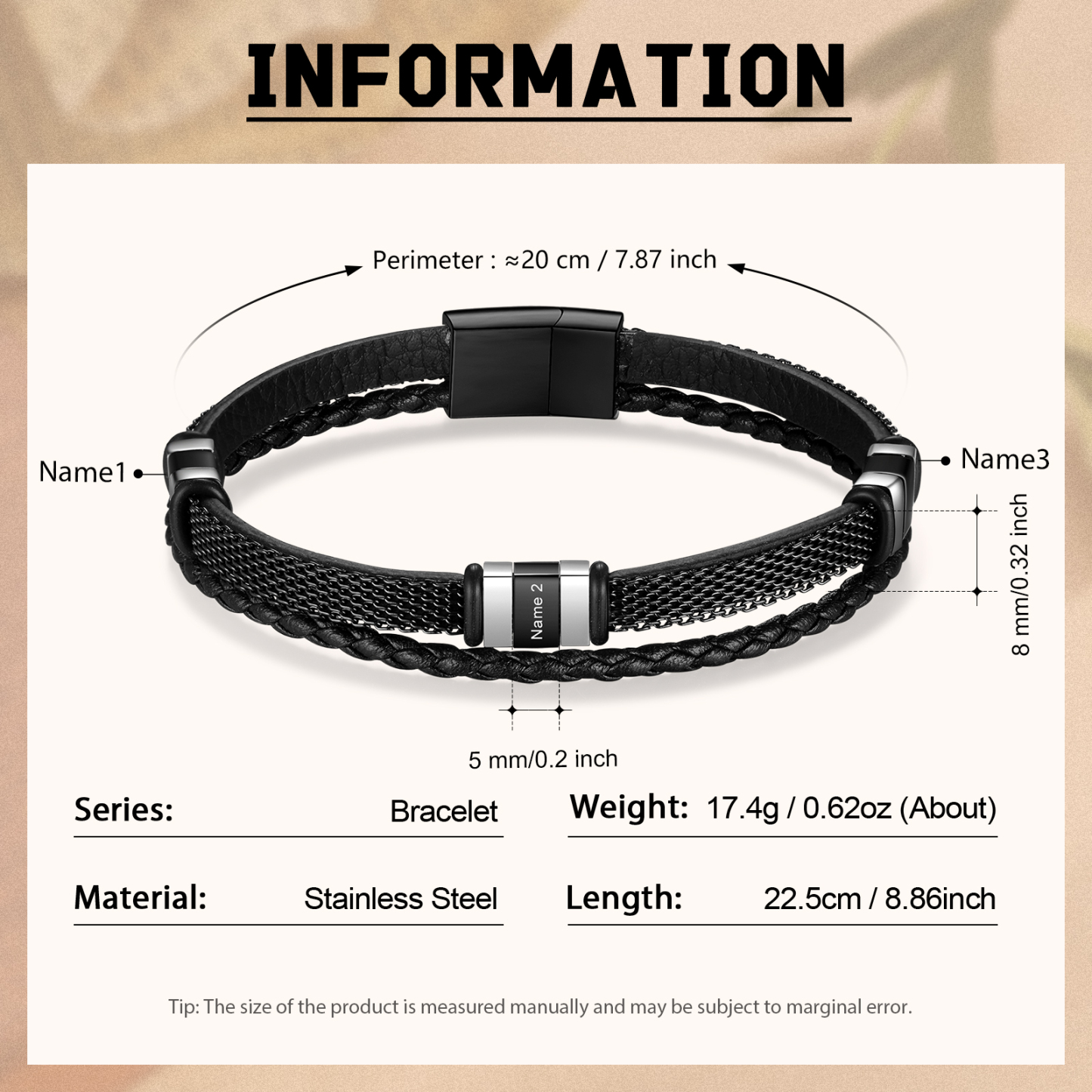 Braccialetto in pelle intrecciata personalizzato con 3 nomi Braccialetto maschile