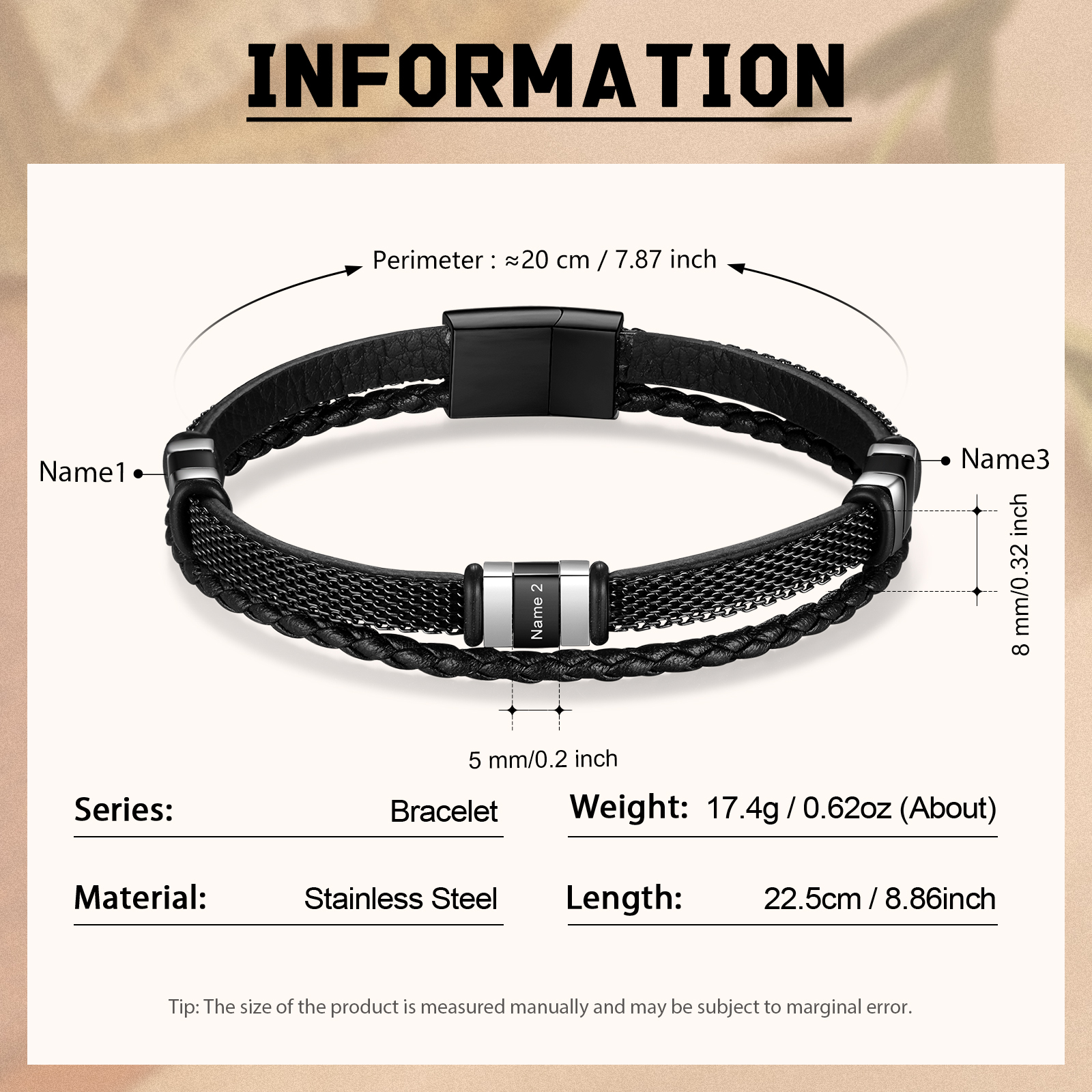 Braccialetto in pelle intrecciata personalizzato con 3 nomi Braccialetto maschile