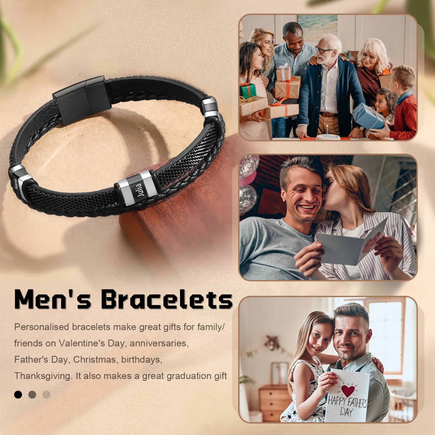 Braccialetto in pelle intrecciata personalizzato con 3 nomi Braccialetto maschile