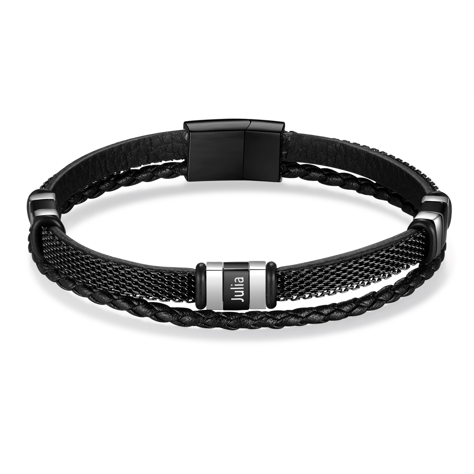 Braccialetto in pelle intrecciata personalizzato con 3 nomi Braccialetto maschile