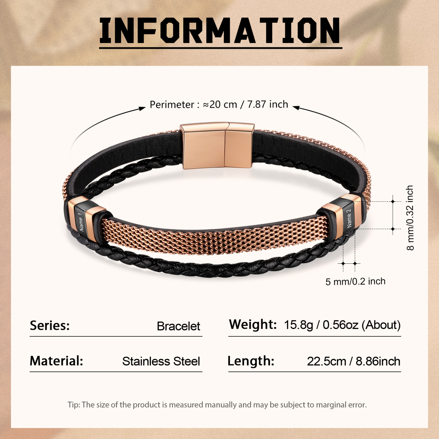 Braccialetto in pelle intrecciata personalizzato con 2 nomi Braccialetto maschile