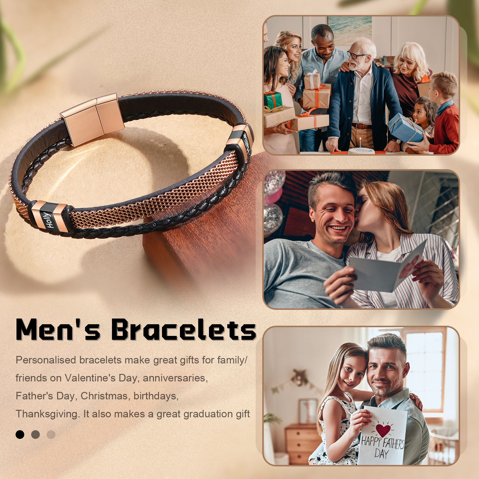 Braccialetto in pelle intrecciata personalizzato con 2 nomi Braccialetto maschile