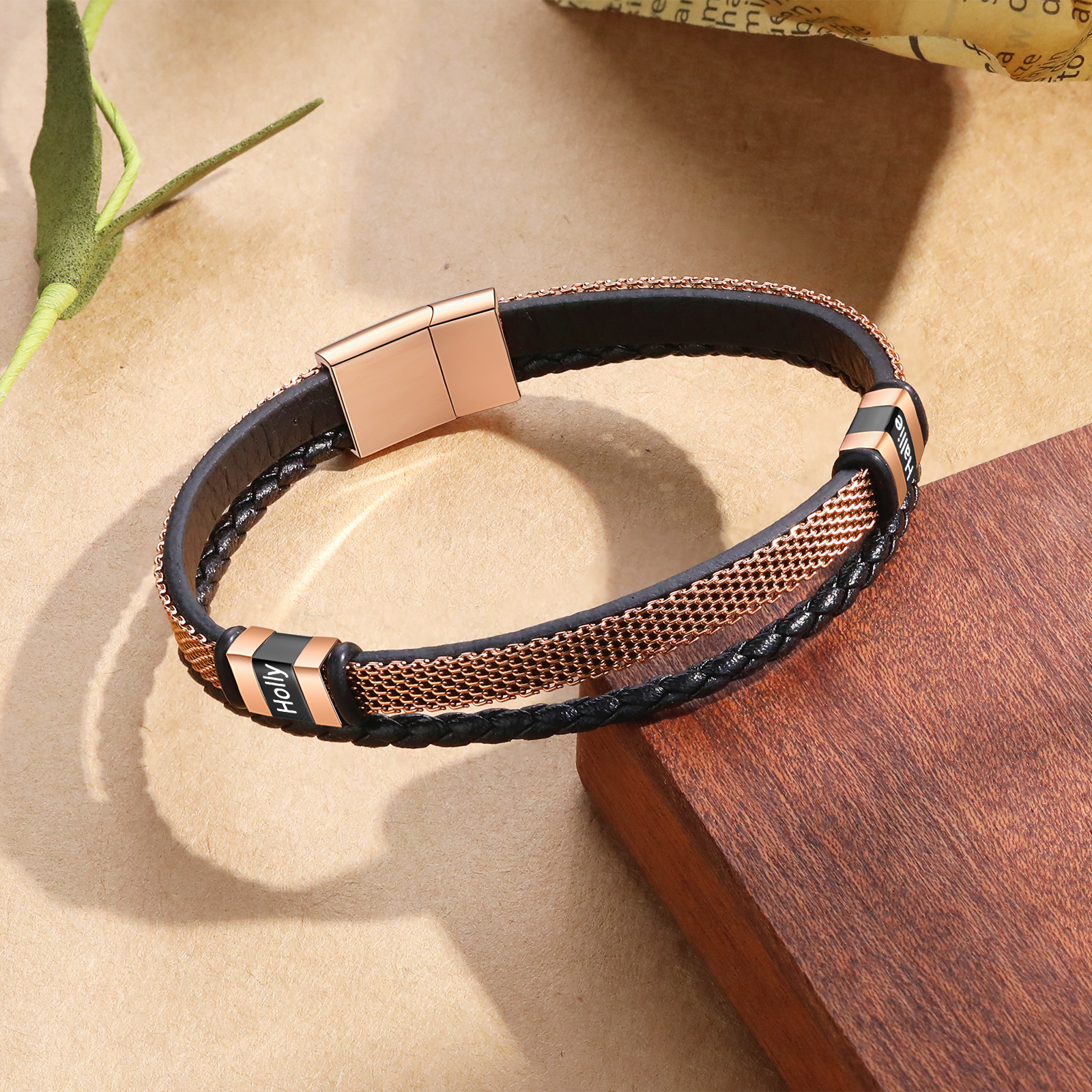 Braccialetto in pelle intrecciata personalizzato con 2 nomi Braccialetto maschile