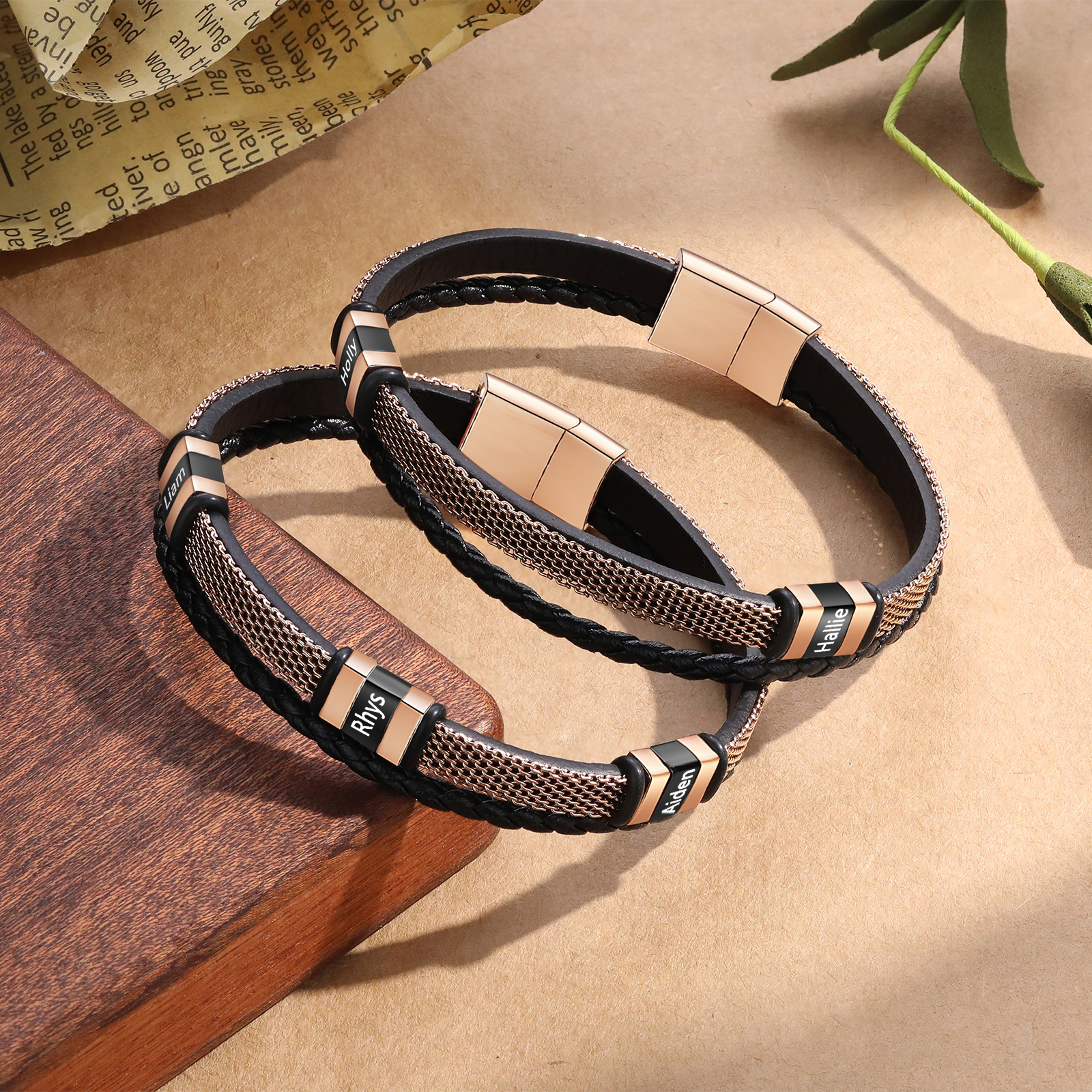 Braccialetto in pelle intrecciata personalizzato con 2 nomi Braccialetto maschile