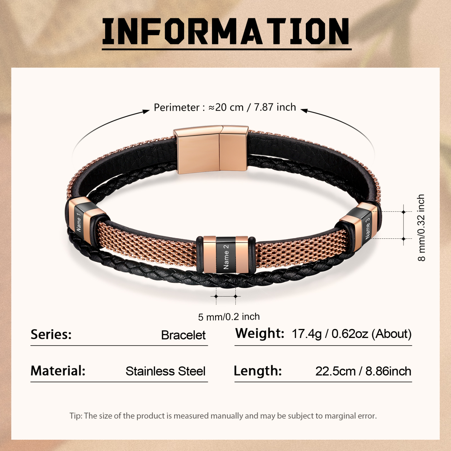 Braccialetto in pelle intrecciata personalizzato con 3 nomi Braccialetto maschile