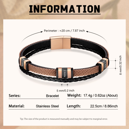 Braccialetto in pelle intrecciata personalizzato con 3 nomi Braccialetto maschile