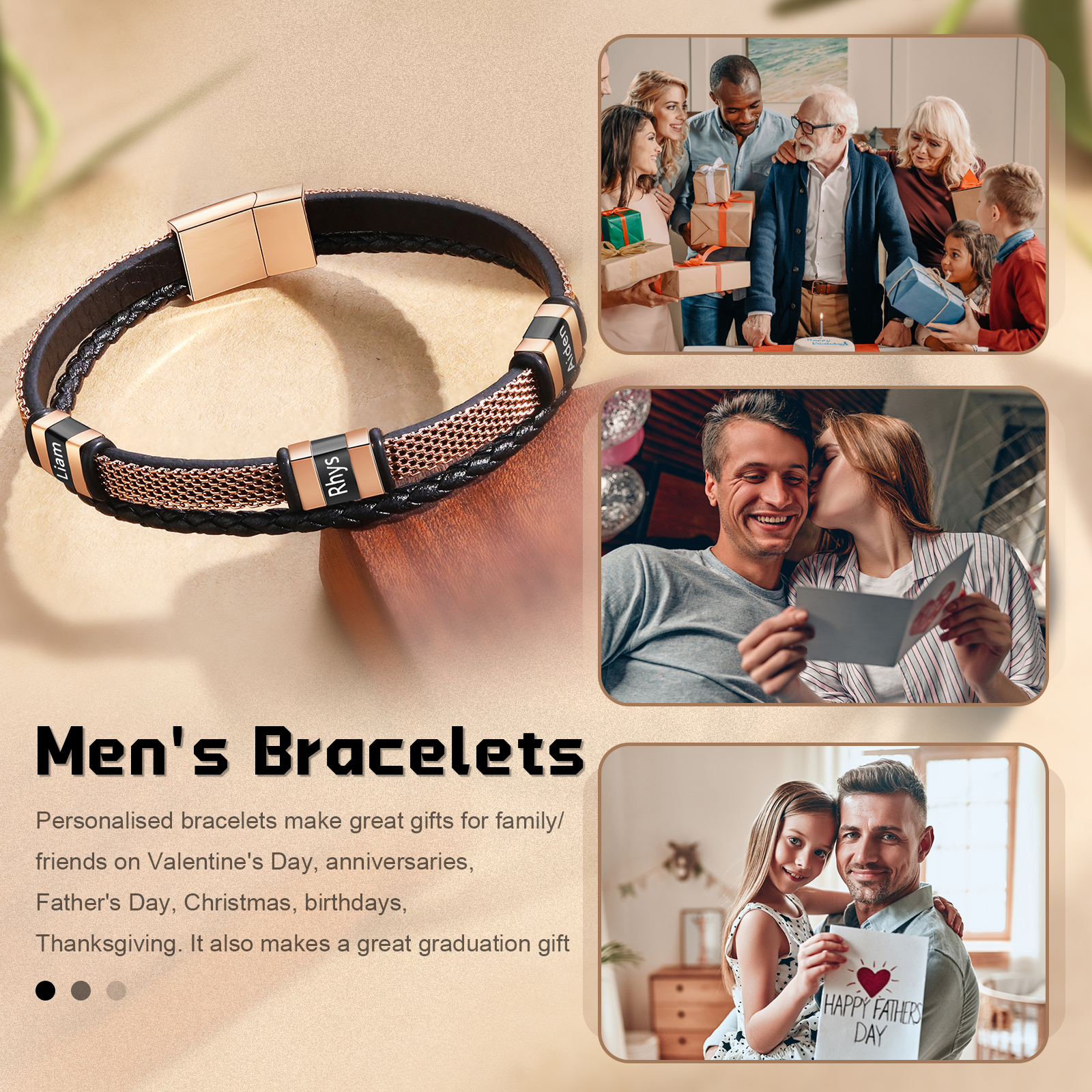 Braccialetto in pelle intrecciata personalizzato con 3 nomi Braccialetto maschile