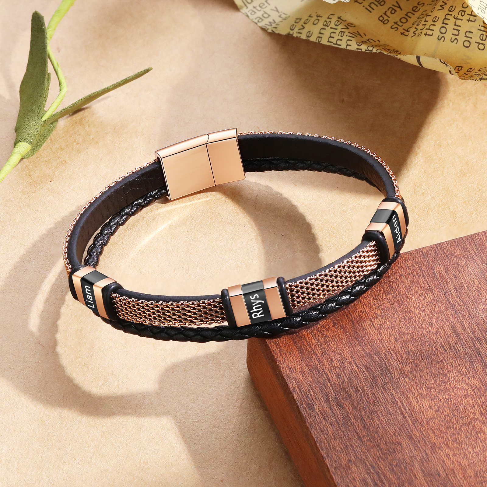 Braccialetto in pelle intrecciata personalizzato con 3 nomi Braccialetto maschile