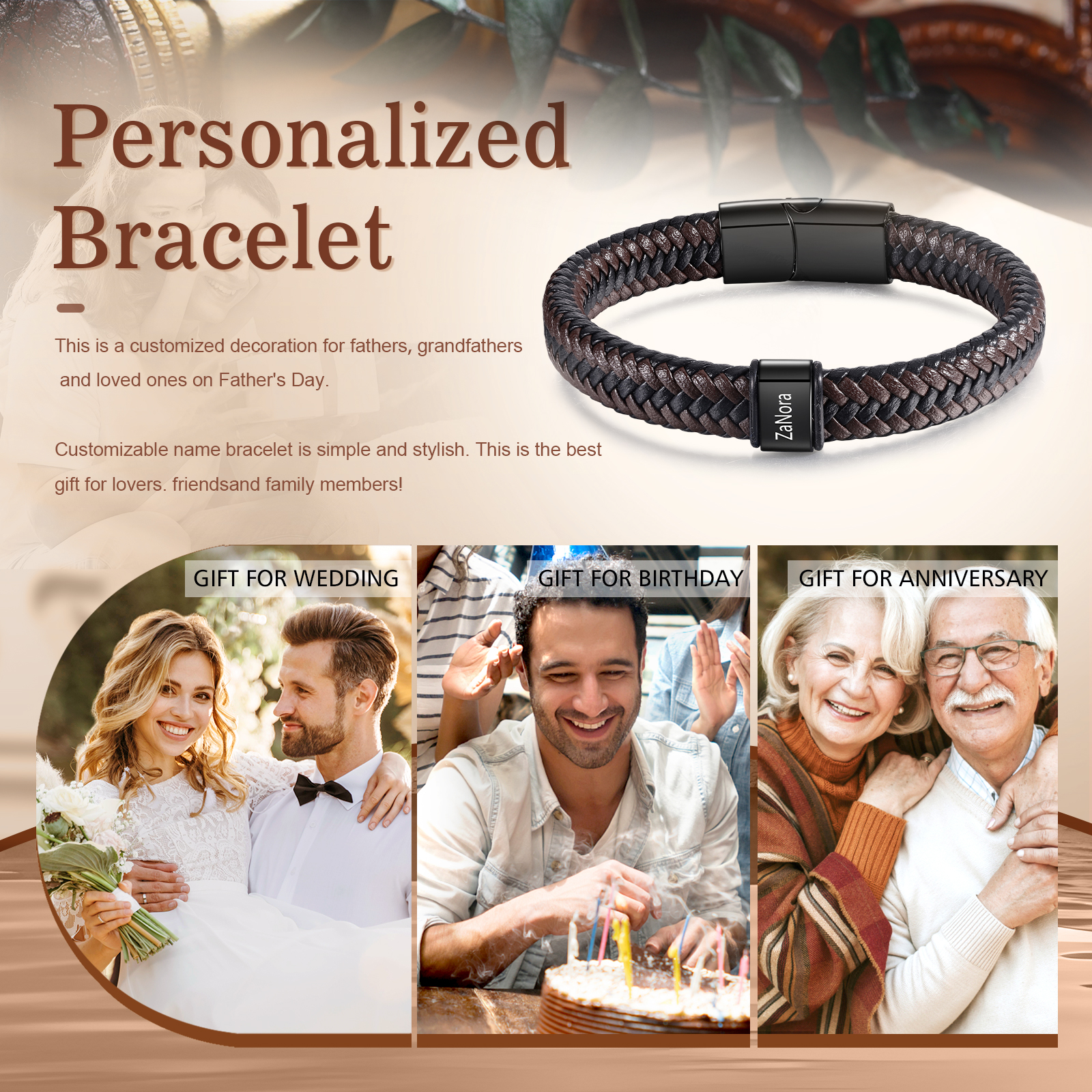 Bracciale in Pelle da Uomo Personalizzato - Incisione di 1 Nome - Regalo Perfetto per Papà | Jessemade