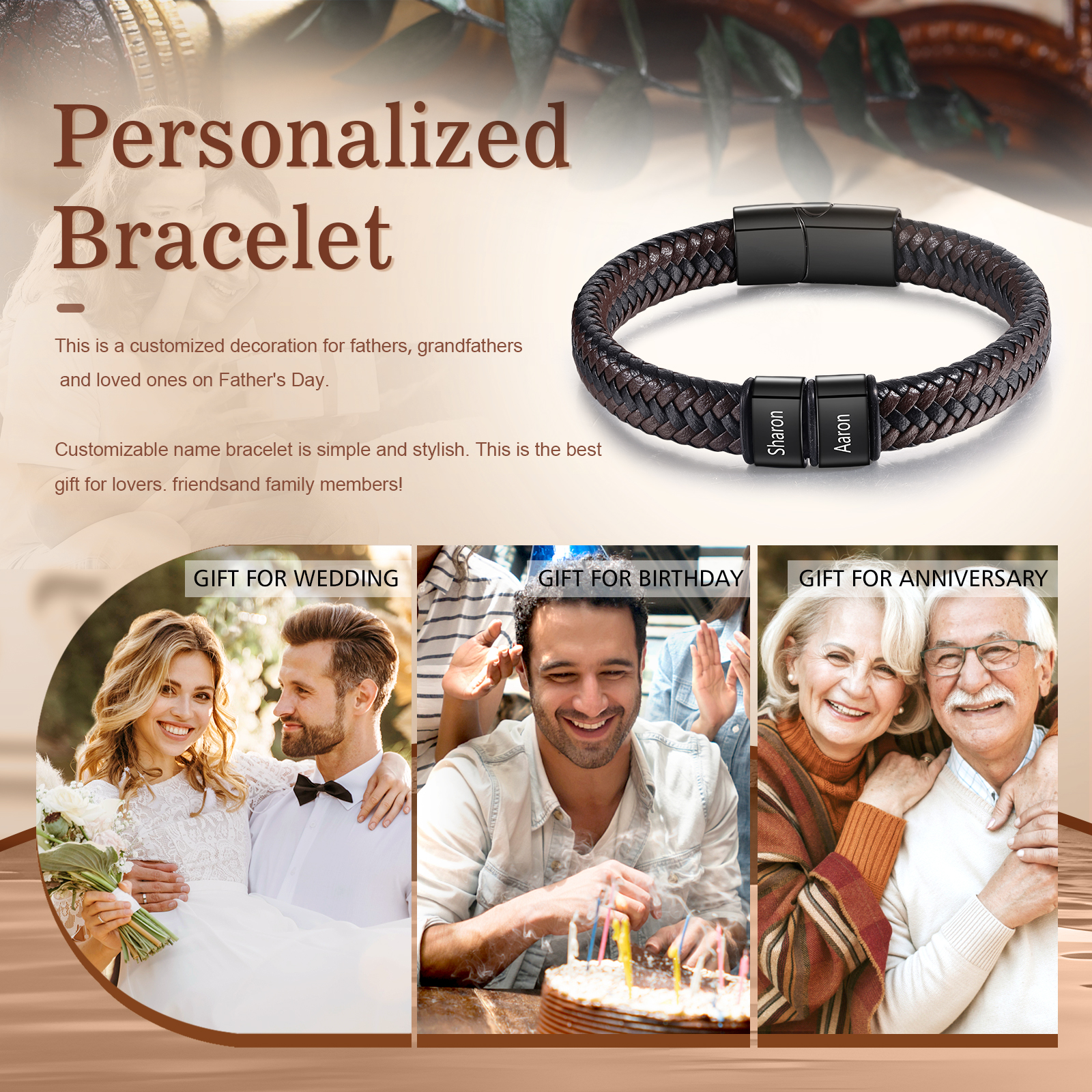 Bracciale in Pelle da Uomo Personalizzato - Incisione di 2 Nomi - Regalo Perfetto per Papà | Jessemade