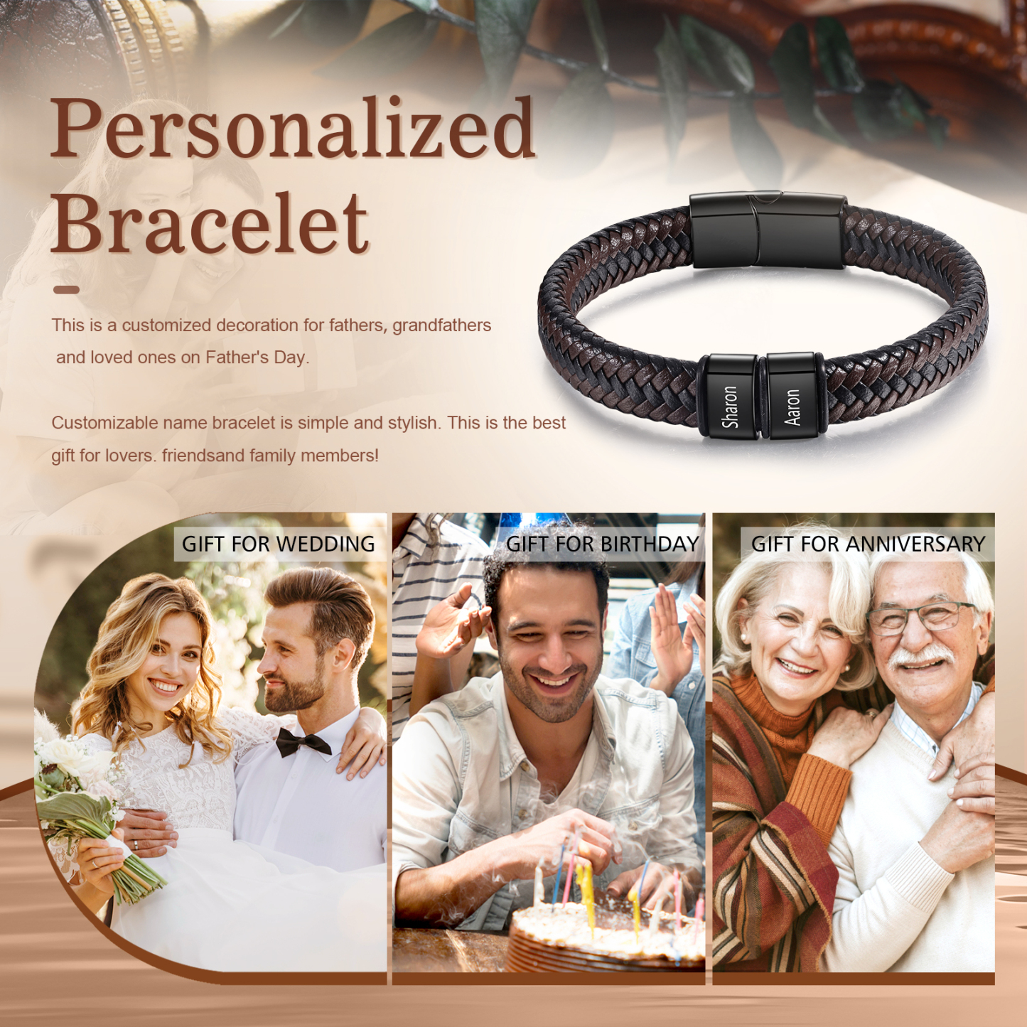 Bracciale in Pelle da Uomo Personalizzato - Incisione di 2 Nomi - Regalo Perfetto per Papà | Jessemade