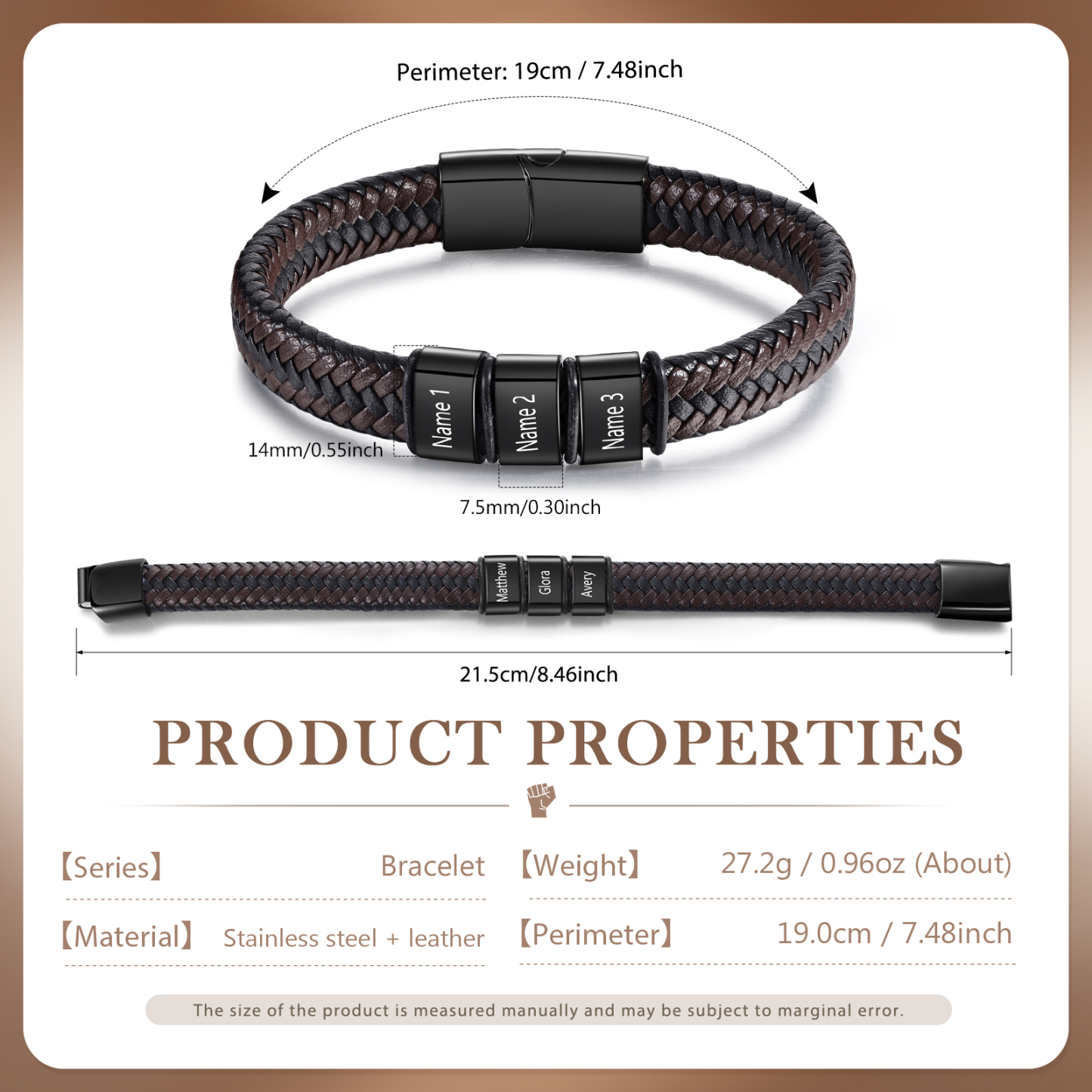 Bracciale in Pelle da Uomo Personalizzato - Incisione di 3 Nomi - Regalo Perfetto per Papà | Jessemade