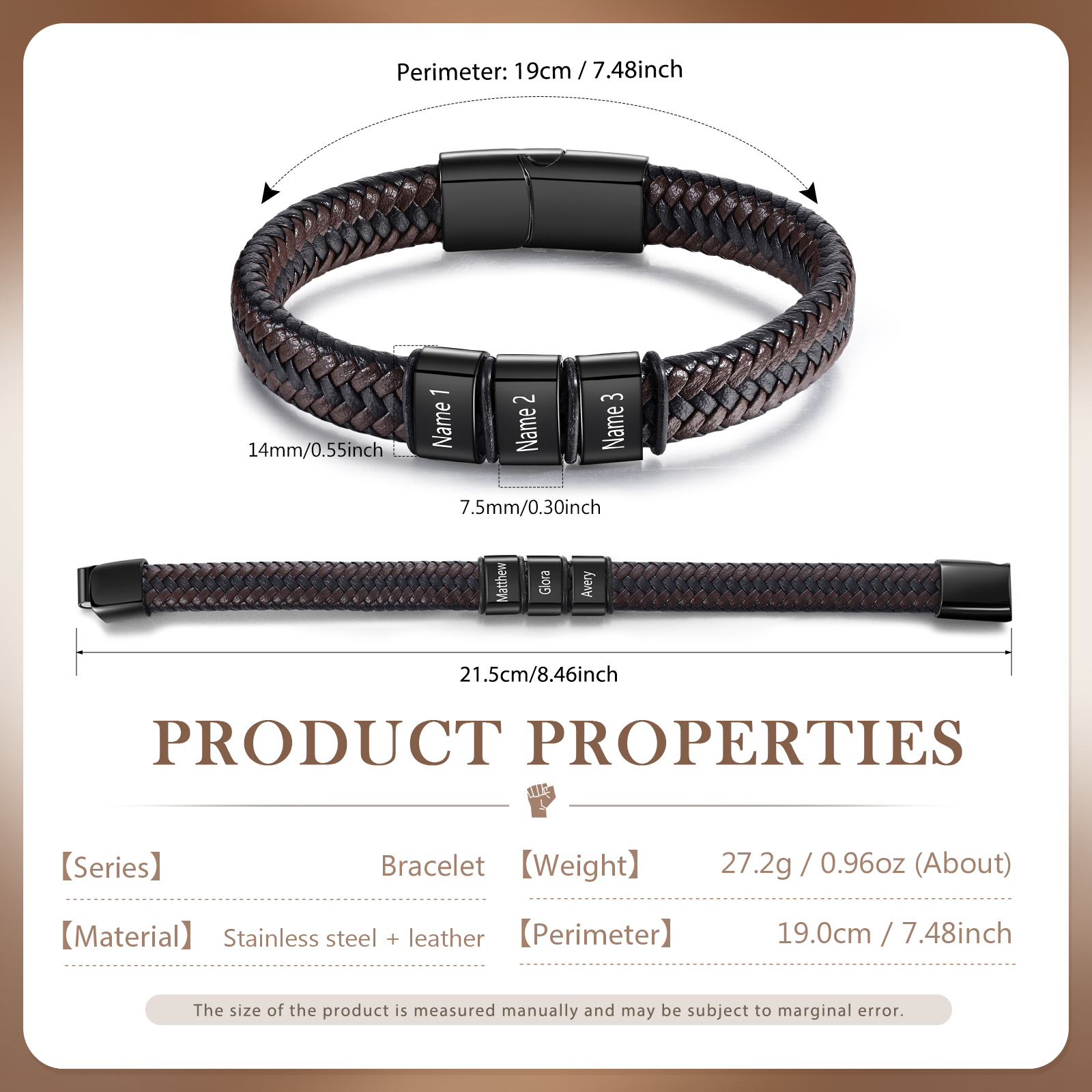 Bracciale in Pelle da Uomo Personalizzato - Incisione di 3 Nomi - Regalo Perfetto per Papà | Jessemade