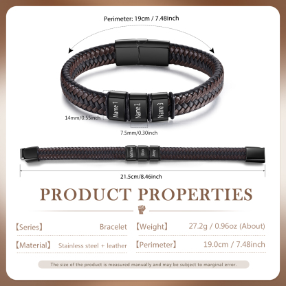 Bracciale in Pelle da Uomo Personalizzato - Incisione di 3 Nomi - Regalo Perfetto per Papà | Jessemade