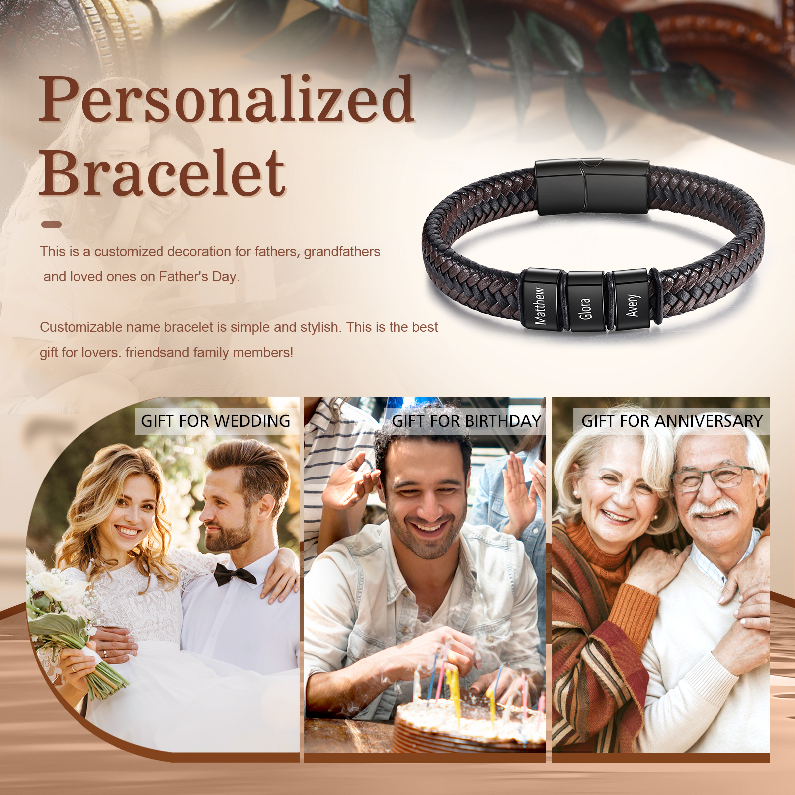 Bracciale in Pelle da Uomo Personalizzato - Incisione di 3 Nomi - Regalo Perfetto per Papà | Jessemade