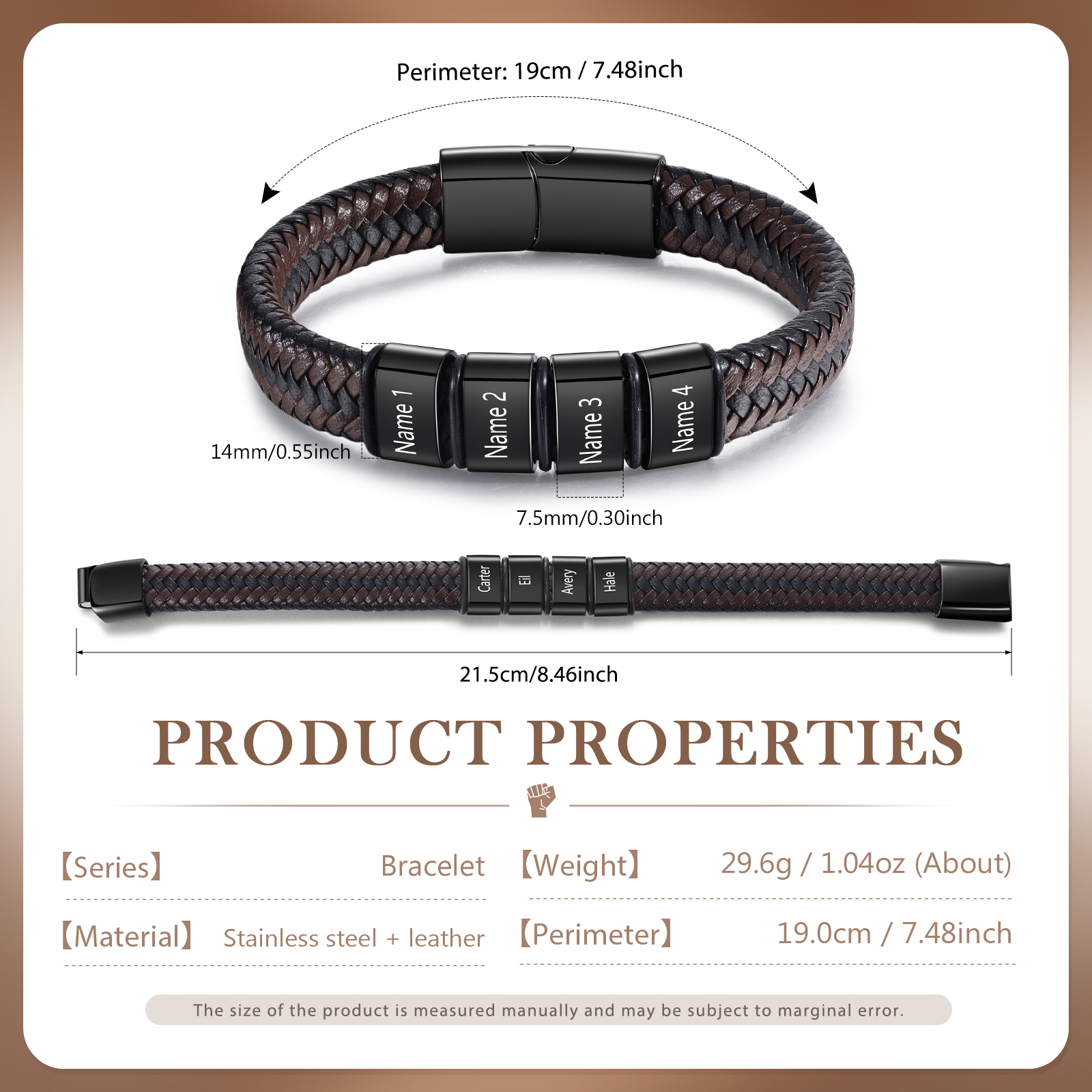 Bracciale in Pelle da Uomo Personalizzato - Incisione di 4 Nomi - Regalo Perfetto per Papà | Jessemade