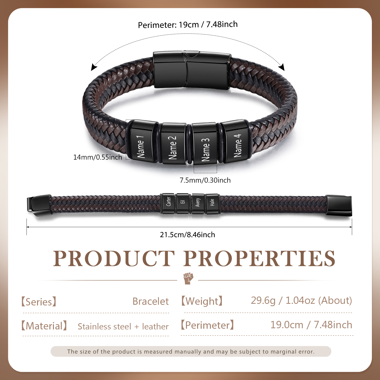 Bracciale in Pelle da Uomo Personalizzato - Incisione di 4 Nomi - Regalo Perfetto per Papà | Jessemade