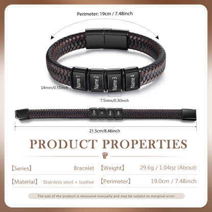 Bracciale in Pelle da Uomo Personalizzato - Incisione di 4 Nomi - Regalo Perfetto per Papà | Jessemade