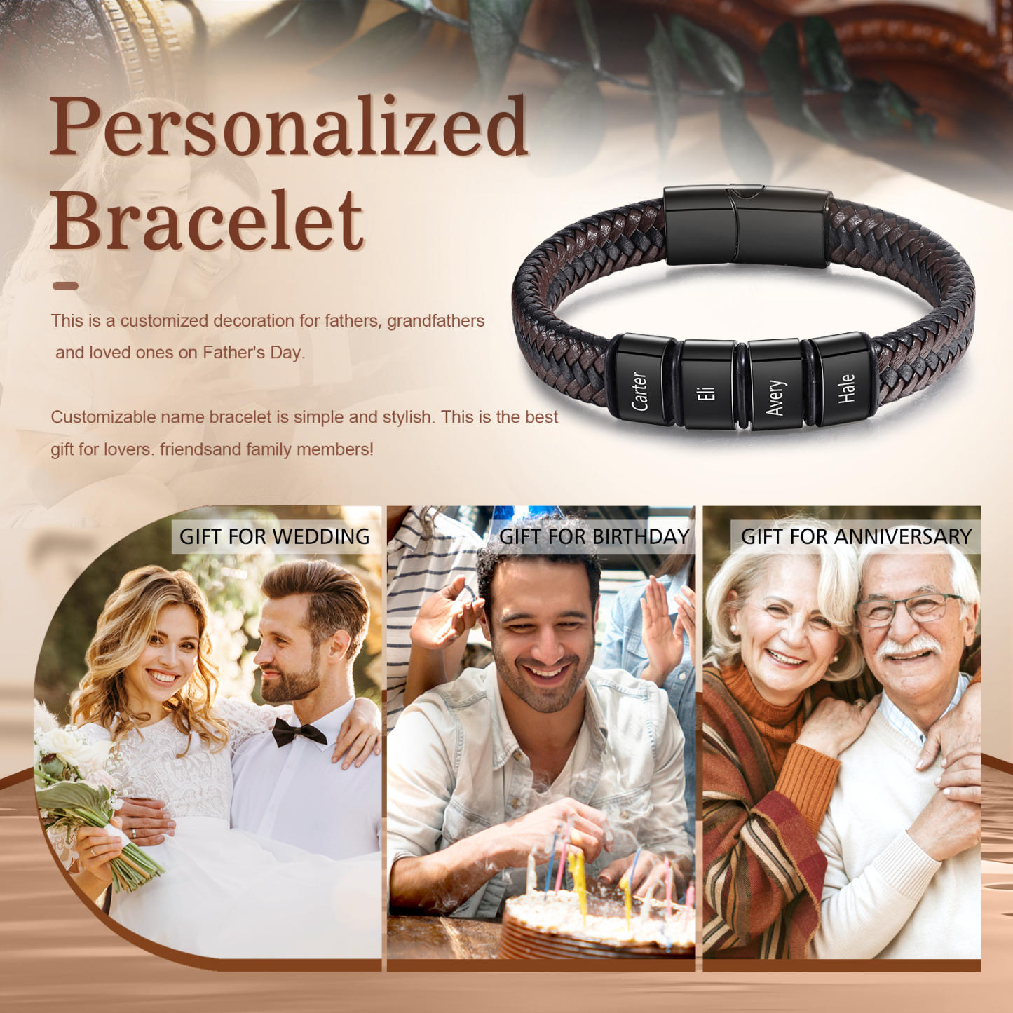 Bracciale in Pelle da Uomo Personalizzato - Incisione di 4 Nomi - Regalo Perfetto per Papà | Jessemade