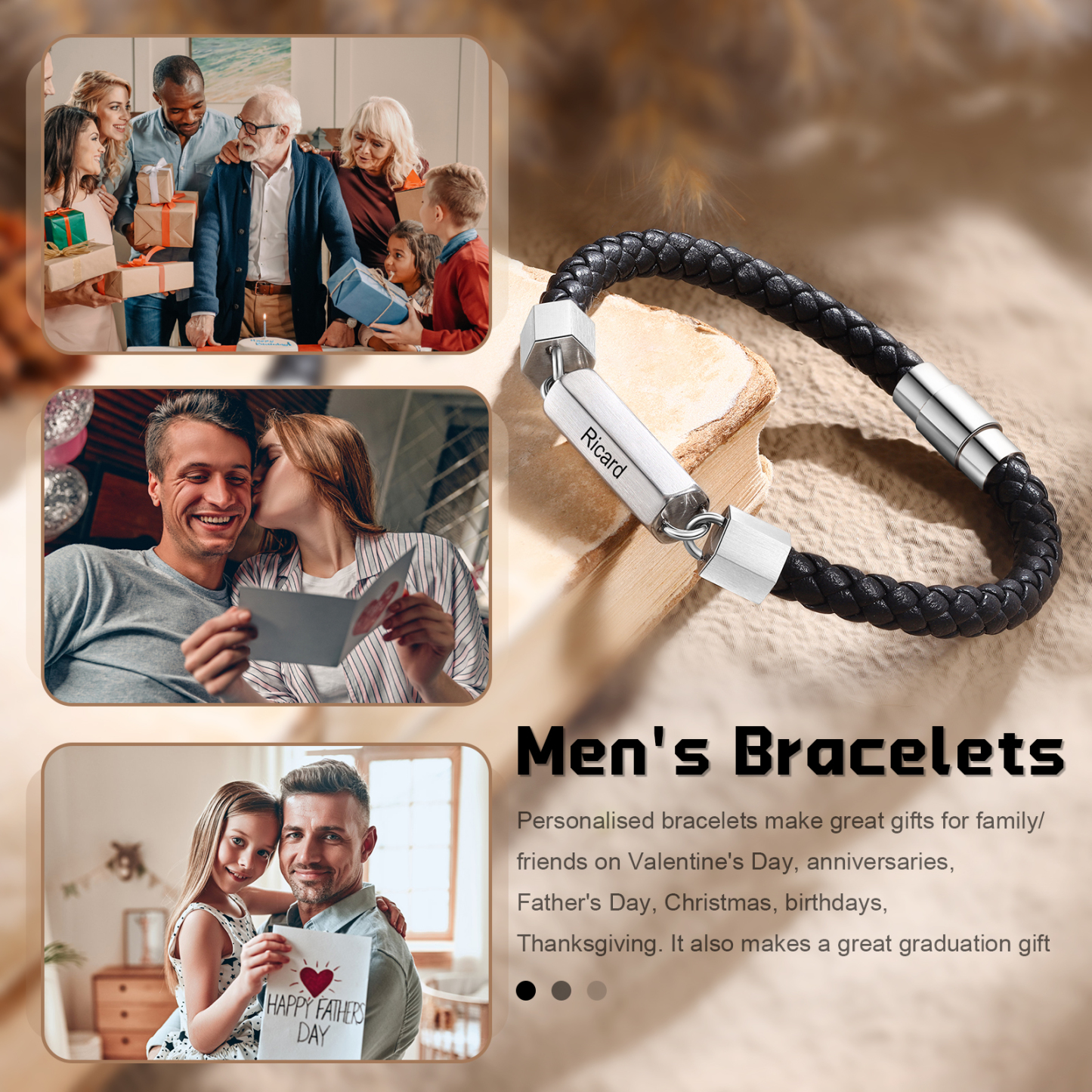 Braccialetto da uomo in pelle intrecciata personalizzato con 2 nomi per uomo/nonno