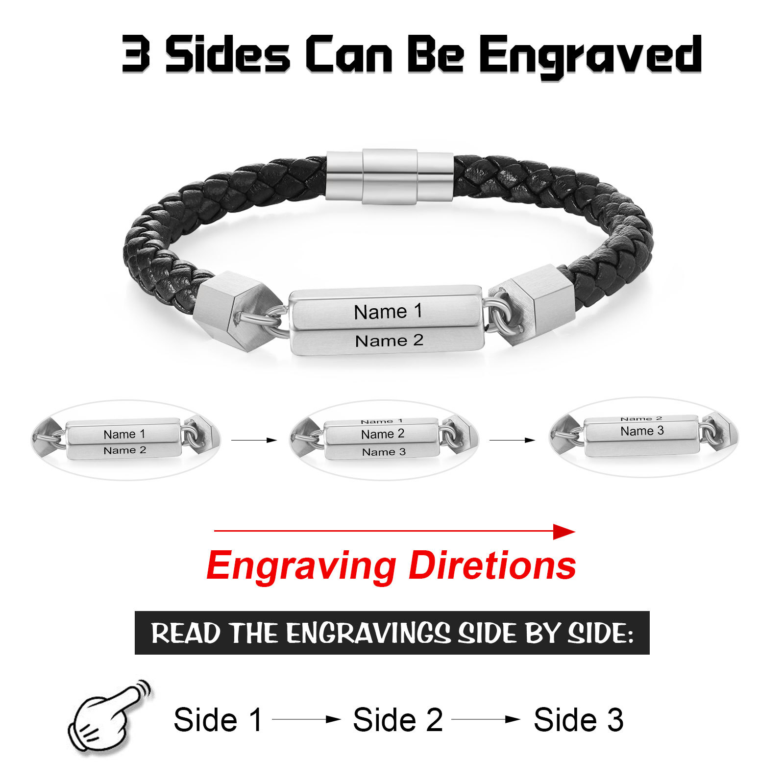Braccialetto da uomo in pelle intrecciata personalizzato con 3 nomi per uomo/nonno
