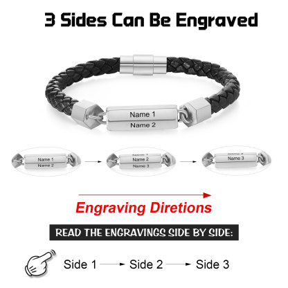 Braccialetto da uomo in pelle intrecciata personalizzato con 3 nomi per uomo/nonno